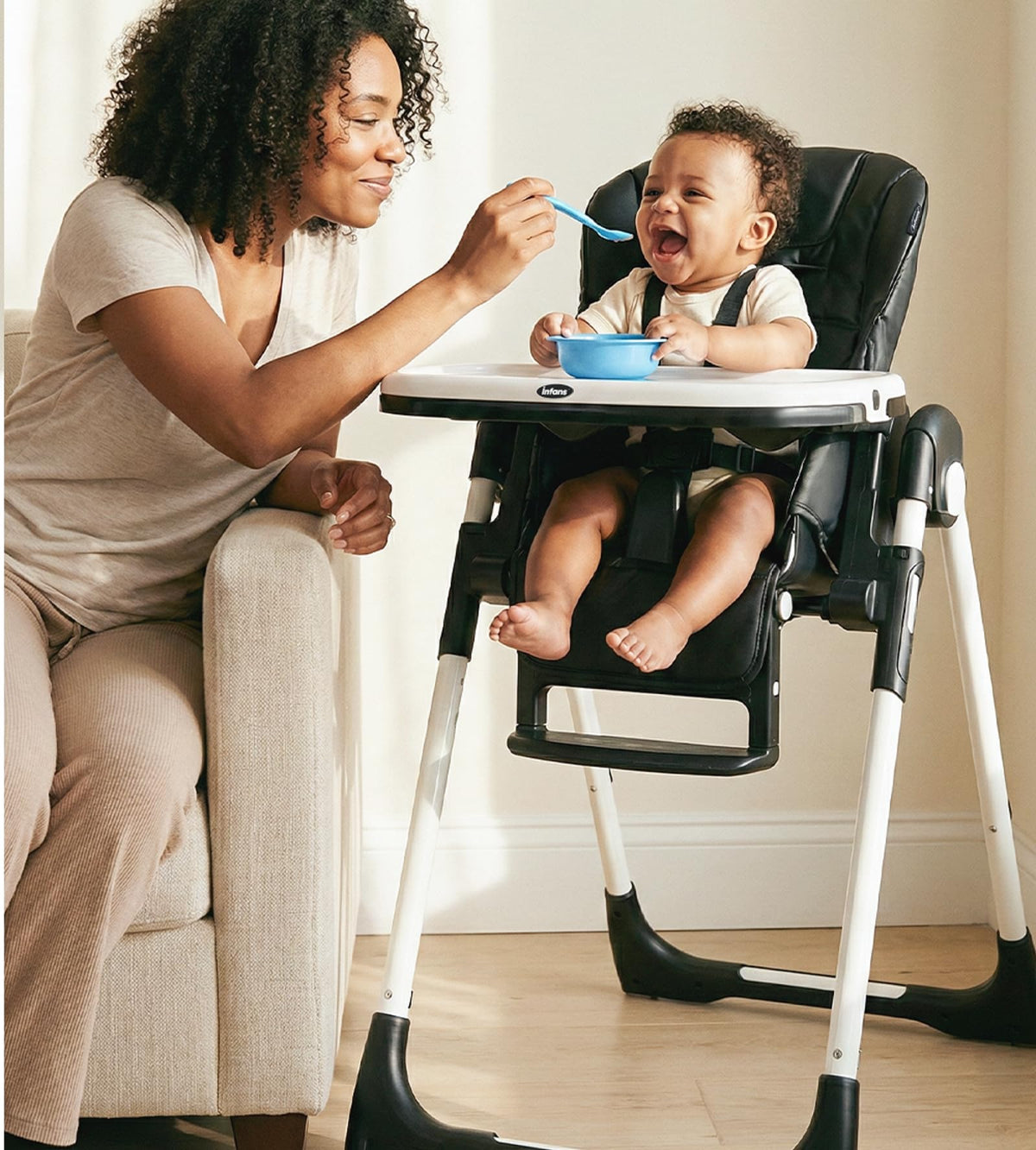 INFANS High Chair for Babies & Toddlers, Foldable Highchair with Multiple Adjustable Backrest, Footrest and Seat Height, Removable Tray, Detachable PU Leather Cushion, Built-in Rear Wheels (Black) (Black)
