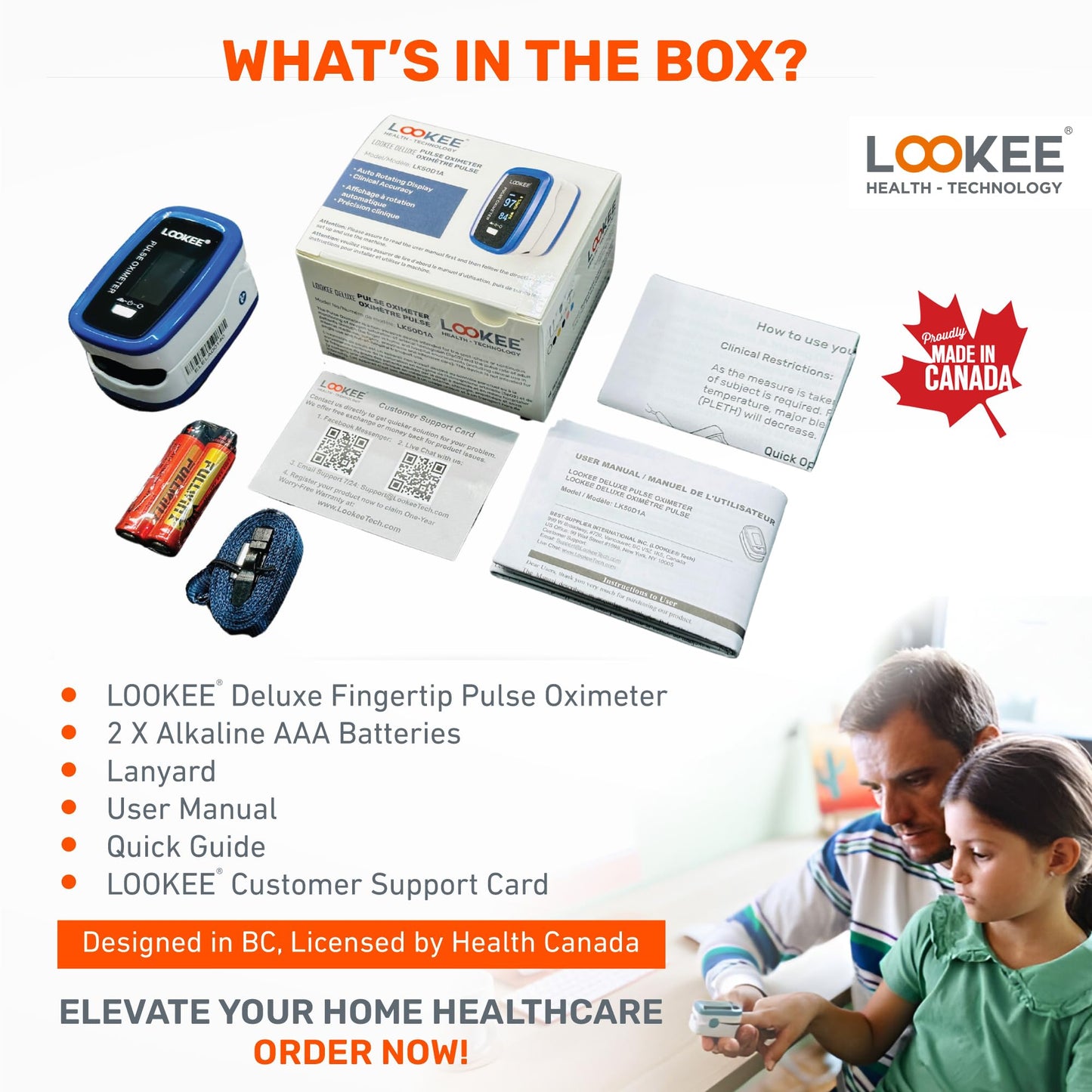 LOOKEE LK50D1 Deluxe Fingertip Pulse Oximeter | Proudly Canadian Finger SpO2 Blood Oxygen Monitor with Auto Rotate OLED Display, Plethysmograph & Pulse Graph | Blue - Available at All In One Marketplace Canada