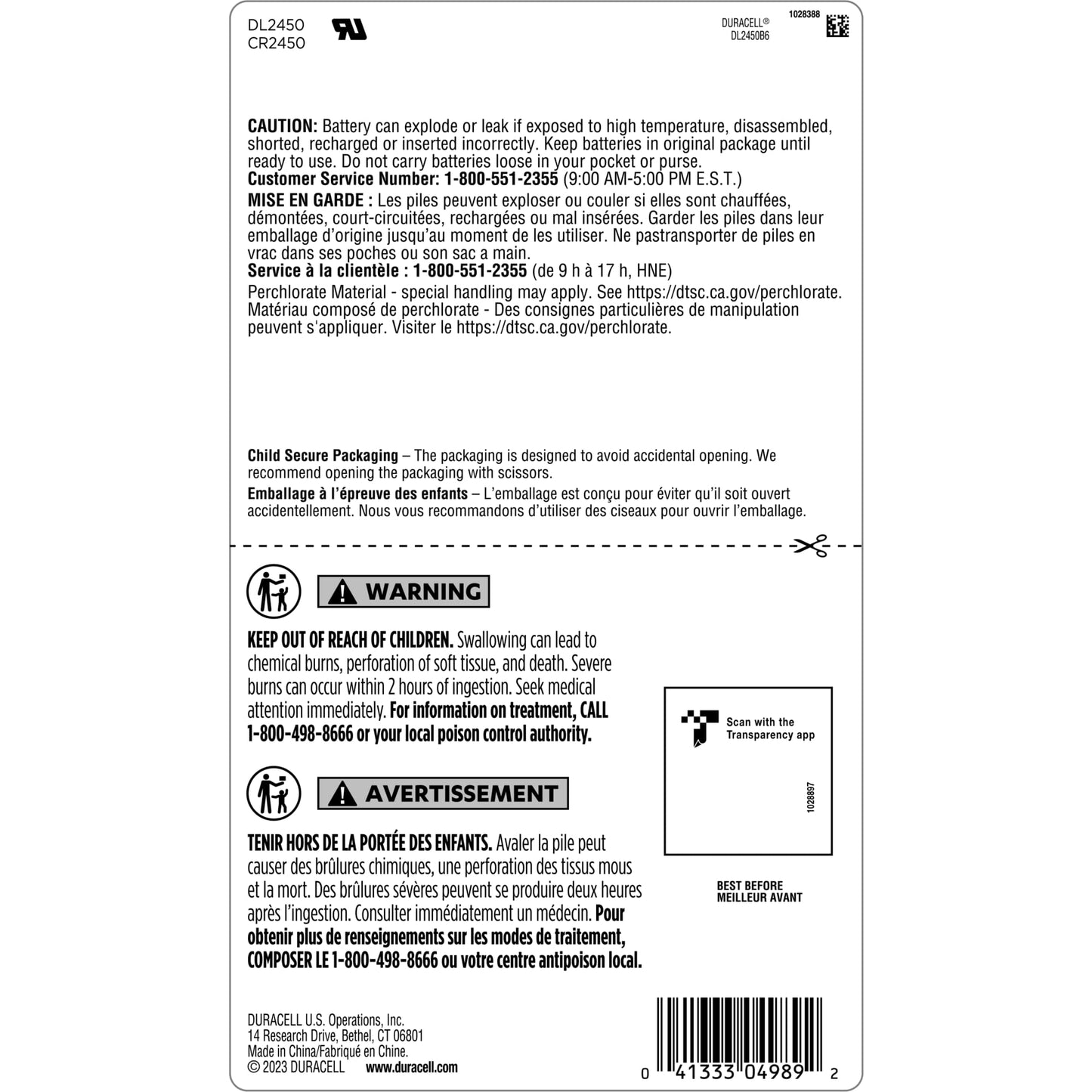 Duracell CR2450 Lithium Battery, 6 Count, Key Fob & Car Remote, 3V Cell