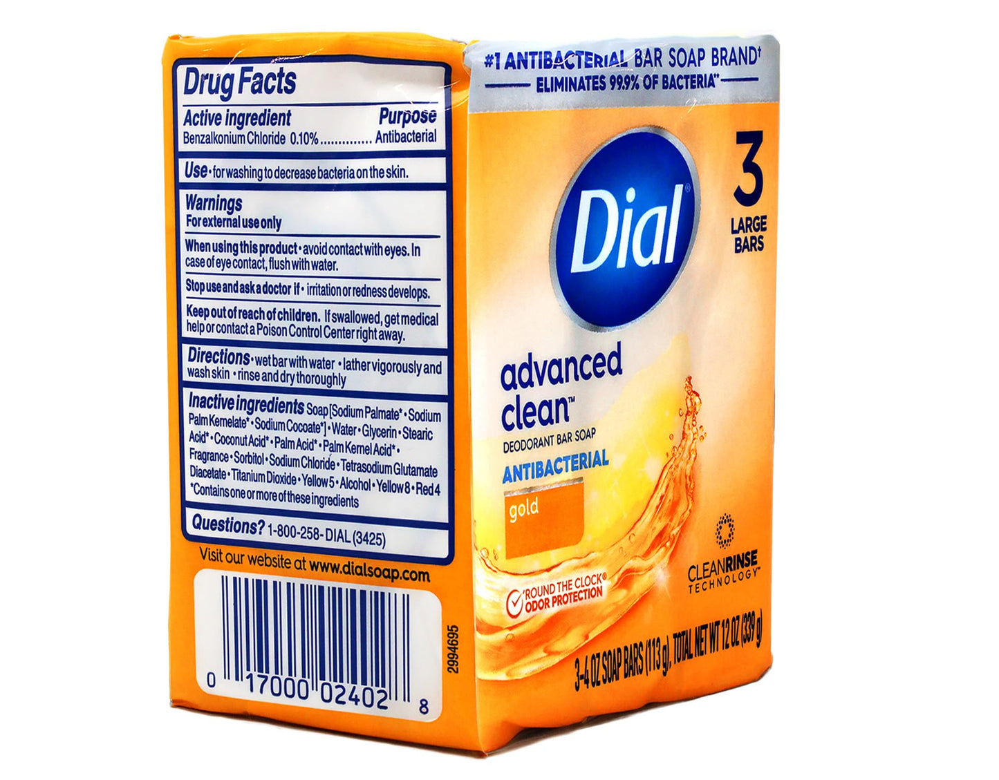 Dial Advanced Clean Deodorant Bar Soap Antibacterial Gold 3 Bars - Available at All In One Marketplace Canada