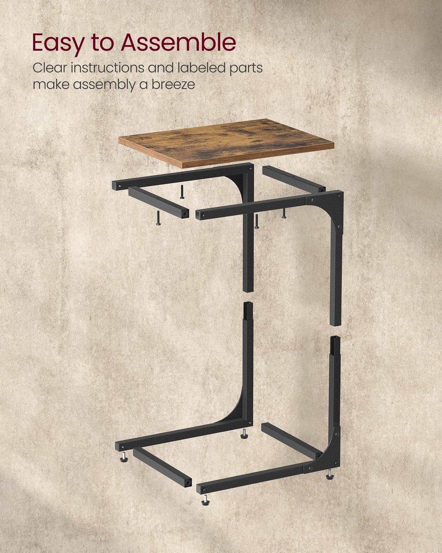 VASAGLE C-Shaped End Table, Small Side Table for Couch, Sofa Table with Metal Frame for Living Room, Bedroom, Bedside, Rustic Brown and Black ULET350B01 - Available at All In One Marketplace Canada