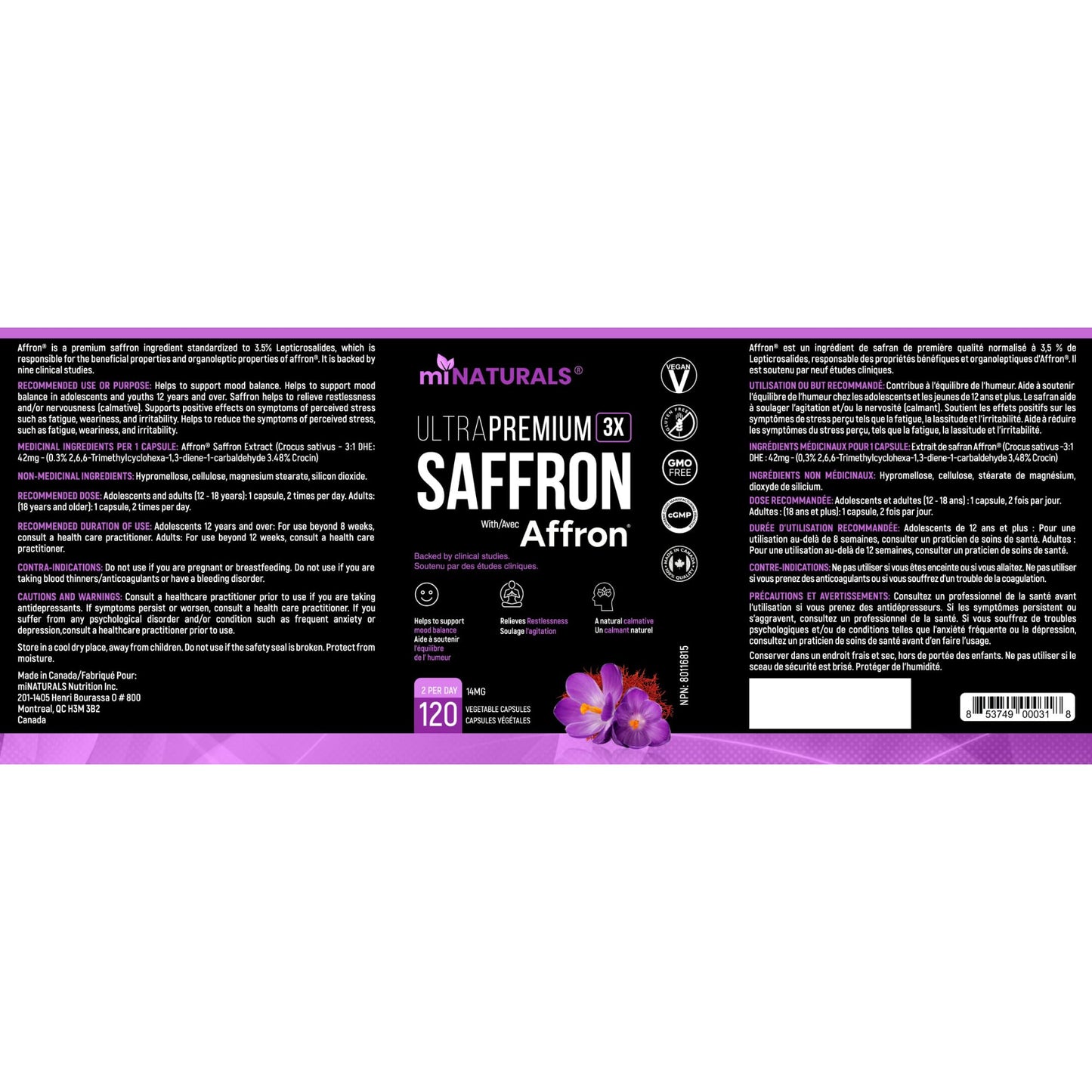 miNATURALS Saffron Supplements 120 Capsules | Clinically Studied Affron Saffron Extract | Stress & Mood Support for Men, Women & Teens | Pure Saffron Pills - Available at All In One Marketplace Canada