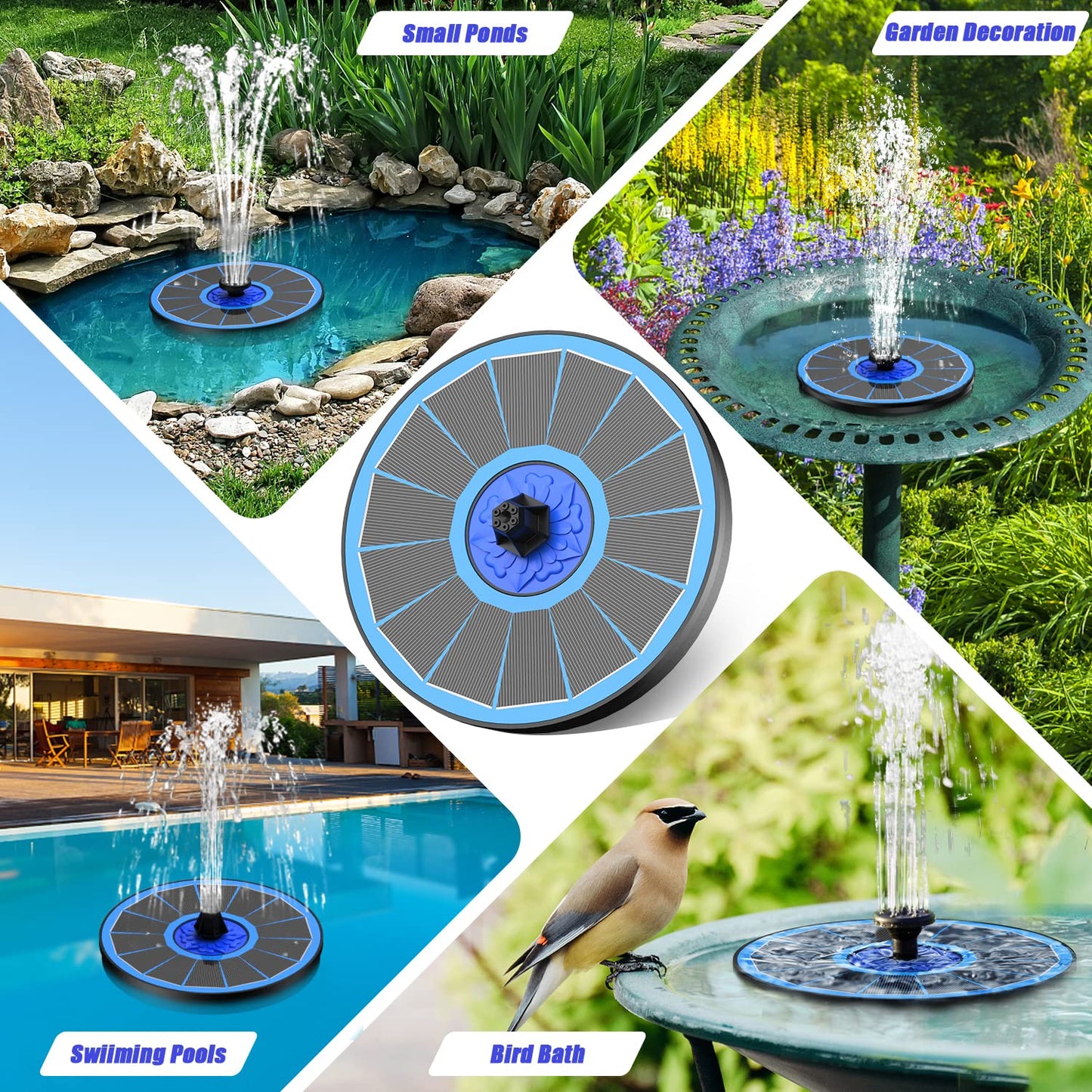 SZMP Solar Fountain Upgrade, 3.5W Solar Powered Bird Bath Fountains with Flower, Outdoor Water Feature Solar Fountain Pump with 7-in-1 Nozzles, 4 Fixed Pipes for Humingbirds, Birdbath, and Garden