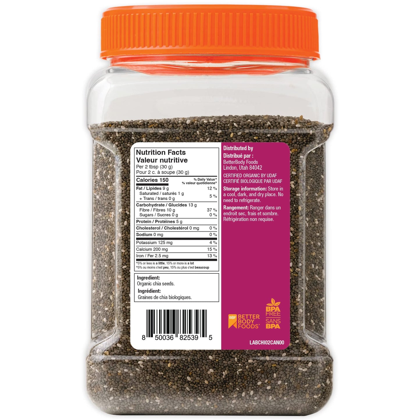 Betterbody Foods Organic Chia Seeds with Omega-3, Non-GMO, Gluten-Free, Vegan, Kosher, 2 pounds (907 grams) - Available at All In One Marketplace Canada