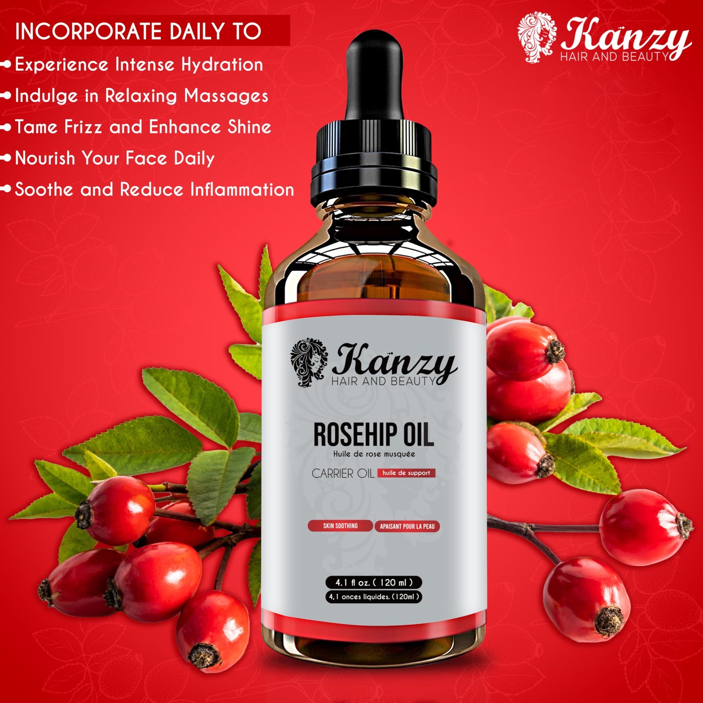 Kanzy Rosehip Oil for Face 120ml - Cold-Pressed Rosehip Oil for Skin, Hair, Nails & Body | Vegan & Cruelty-Free Moisturizing Oil for Daily Use - Available at All In One Marketplace Canada