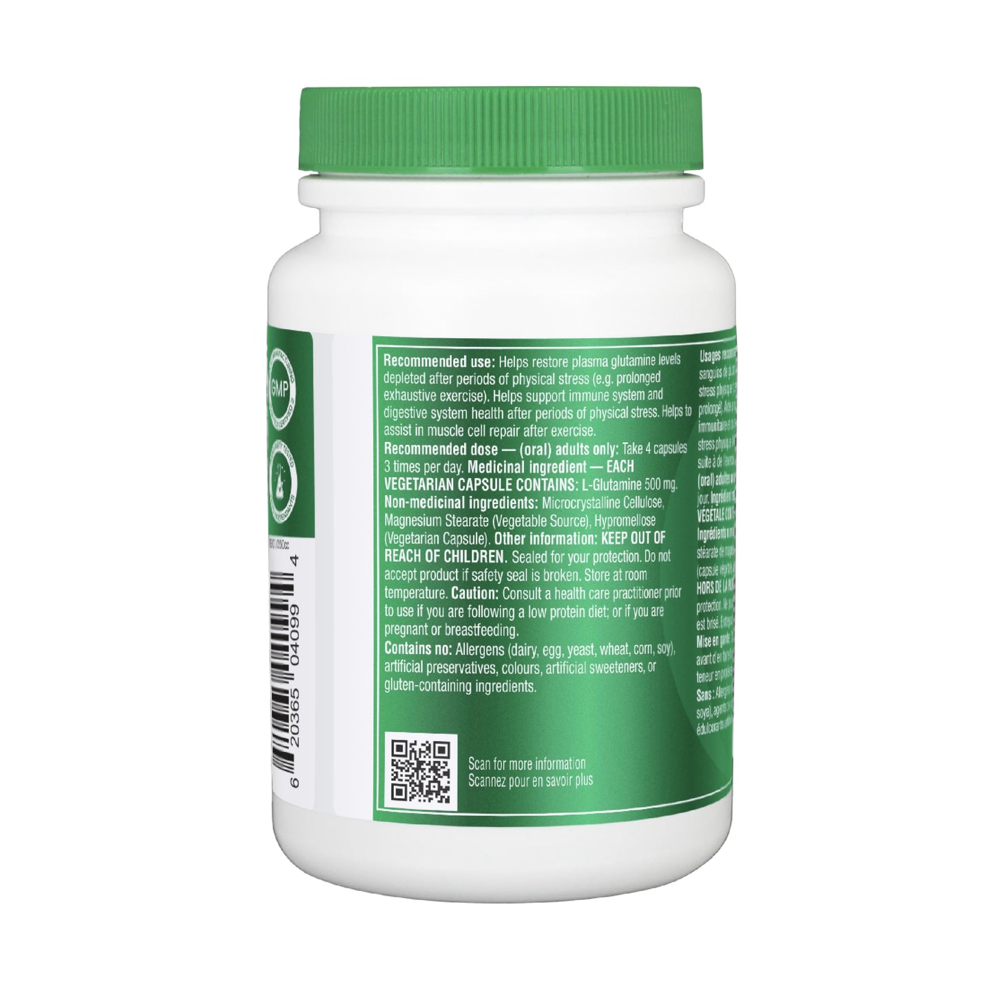 Organika Canadian-Made L-Glutamine - High-Absorption Formula - For Better Immune Defense, Muscle Recovery and Gut Health | 500mg 120vcaps Organika