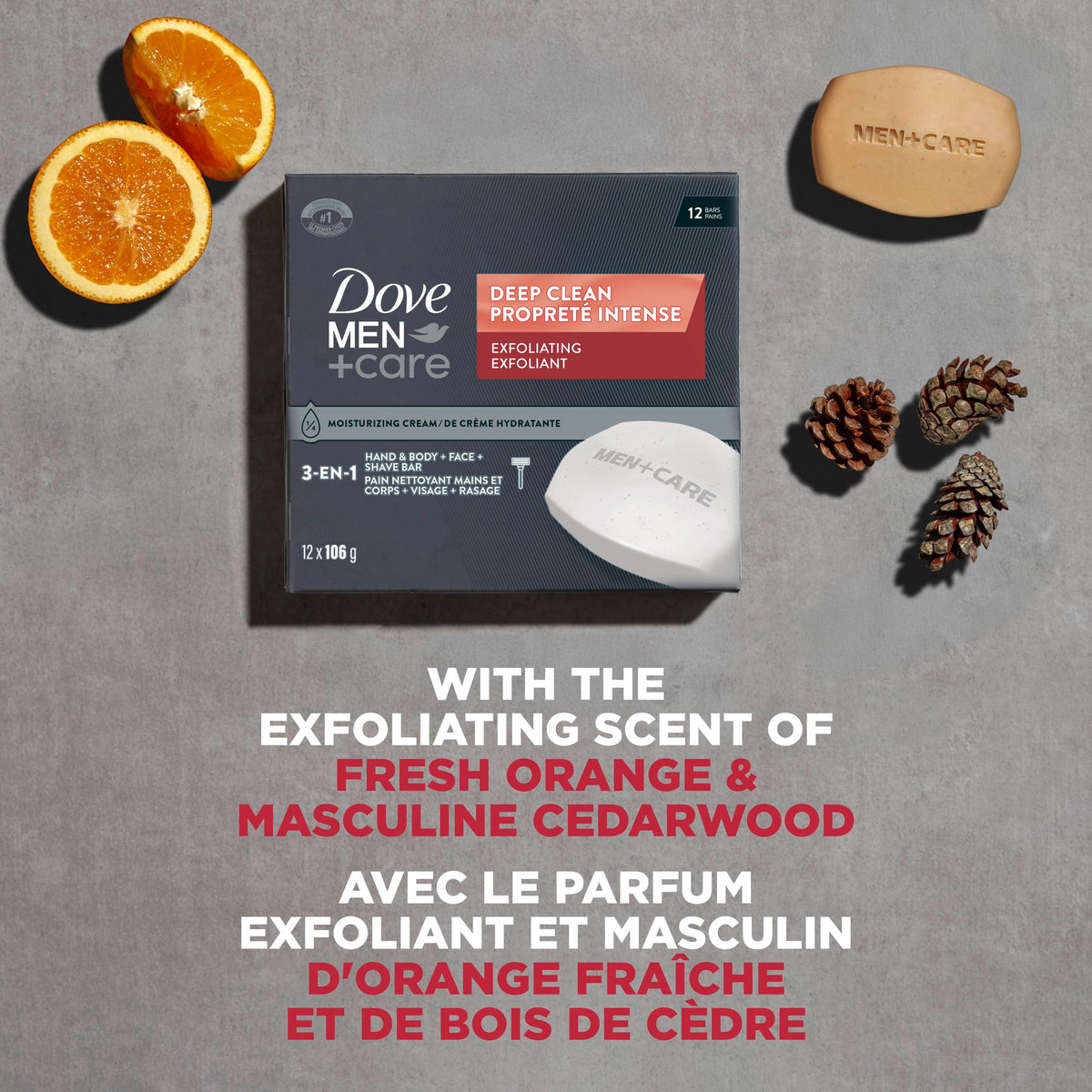 Dove Men+Care Deep Clean Hand Body Face Exfoliation Bar Soap, 106g, 12 Bars