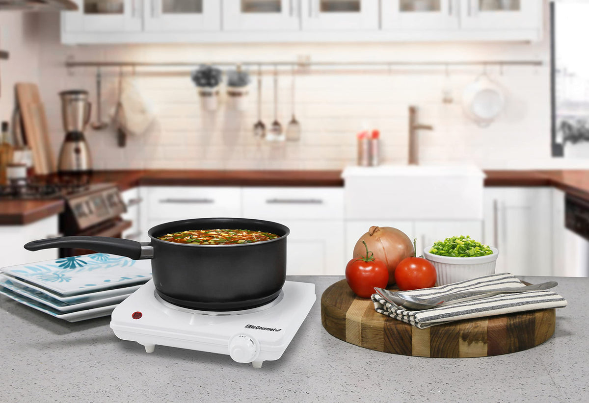 Elite Gourmet ESB-301F Countertop Single Cast Iron Burner, 1000 Watts Electric Hot Plate, Temperature Controls, Power Indicator Lights, Easy to Clean, White