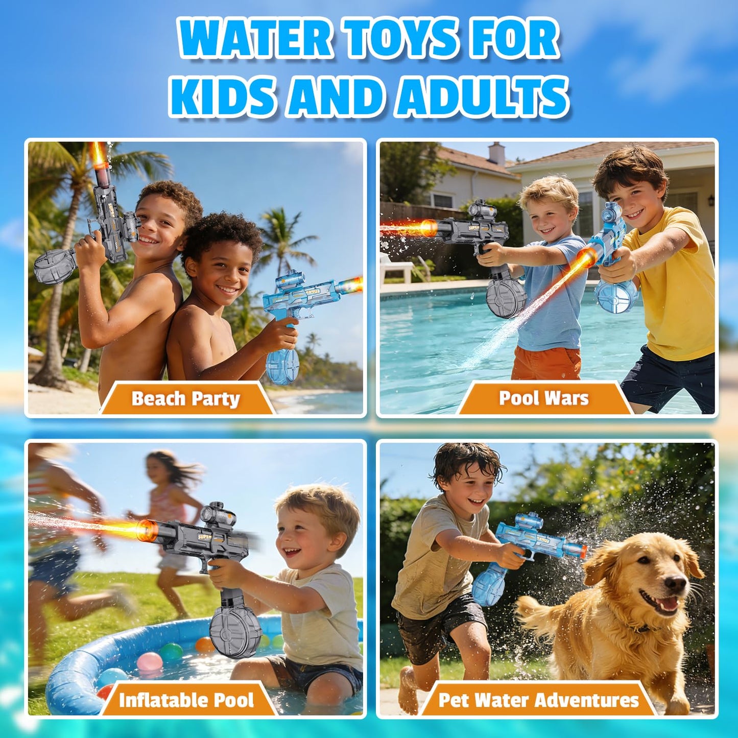 4PCS Electric Water Gun for Kids Adults,Mini Auto Squirt Gun with Flashing Muzzle,26FT Range,Leak-Proof Rechargeable Water Blaster for Summer Pool Beach Water Fights (Black+Blue)