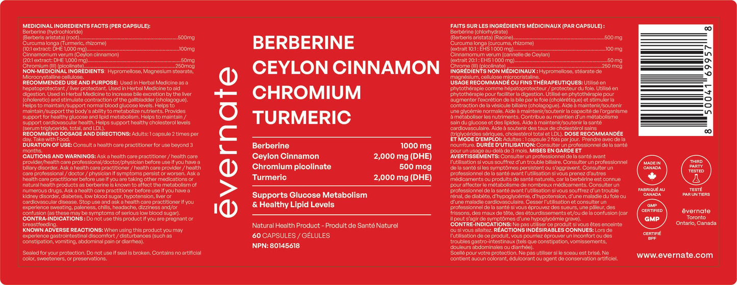 ALL-IN-ONE Berberine 1000 mg with Ceylon Cinnamon 2000 mg, Chromium Picolinate 500 mcg & Turmeric 2000 mg (Per Serving: 2 Capsules) – Blood Sugar, Glucose & Metabolic Support – Cholesterol & Cardiovascular Health – Made in Canada