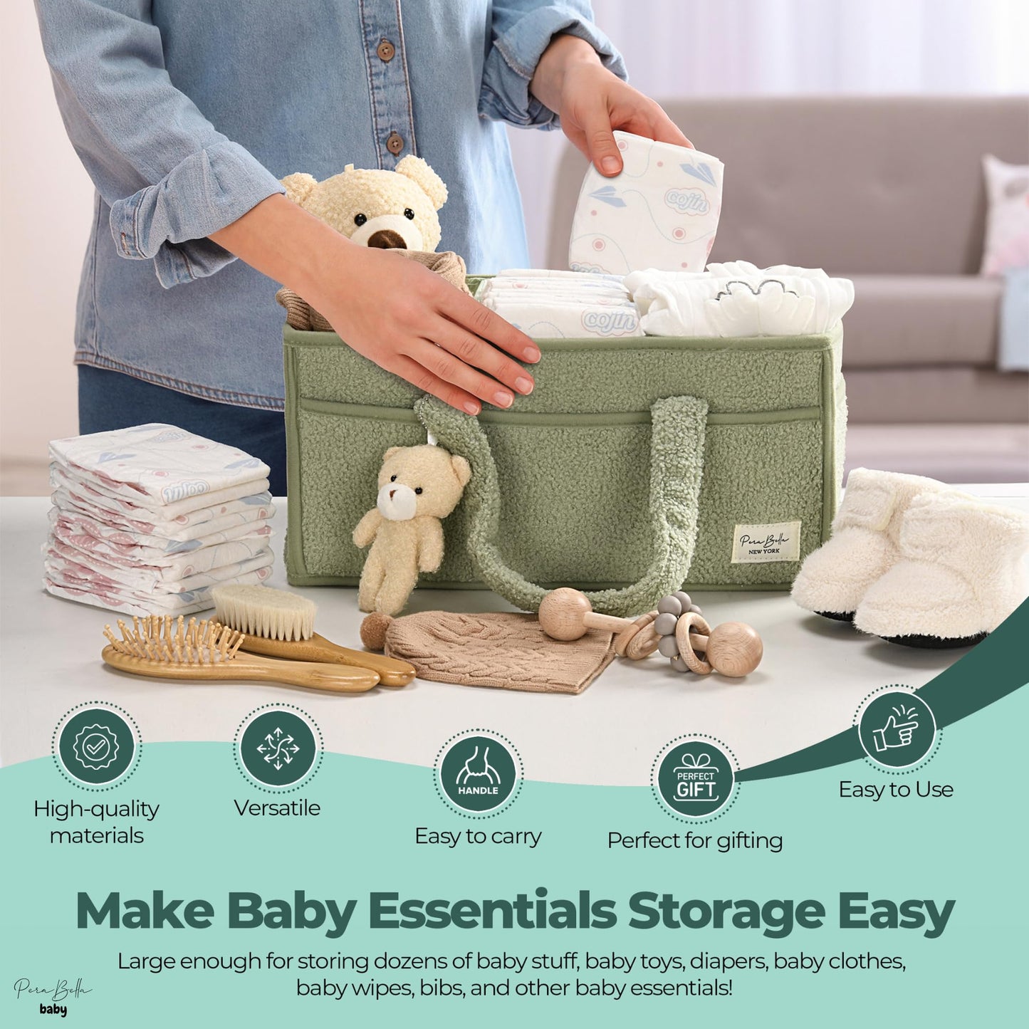 PeraBella Baby Diaper Caddy Organizer, Baby Organizers and Storage for Changing Table, Babies Shower Gift Basket for Boy &Girl, Nursery Essentials Car Caddy Organizer with Handle, Green Diaper Basket