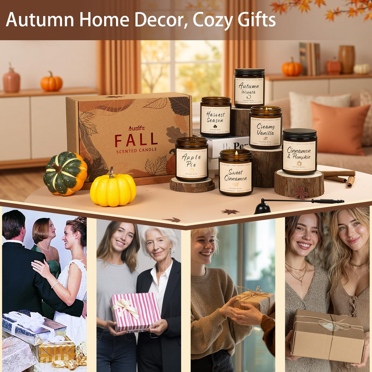 Fall Candle Set, 6 Pack Candles for Home Scented, Autumn Soy Wax Candle Holiday Gifts Set for Men and Women, Home Fall Decor, Fragrance of Wreath/Apple/Latte/Harvest/Vanilla/Cinnamon 🍁 All In One Marketplace Canada