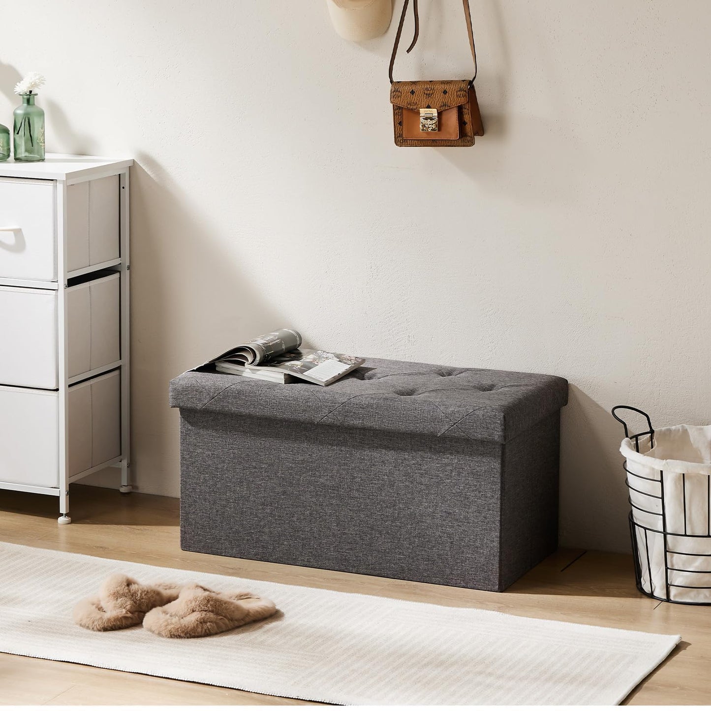 Sweetcrispy Folding Storage Ottoman Bench, Light Grey, Entryway Bench for Living Room, Ottomans with Storage for Bedroom, Heavy Duty 660 lbs Load Capacity, Linen Footrest Seat Sweetcrispy