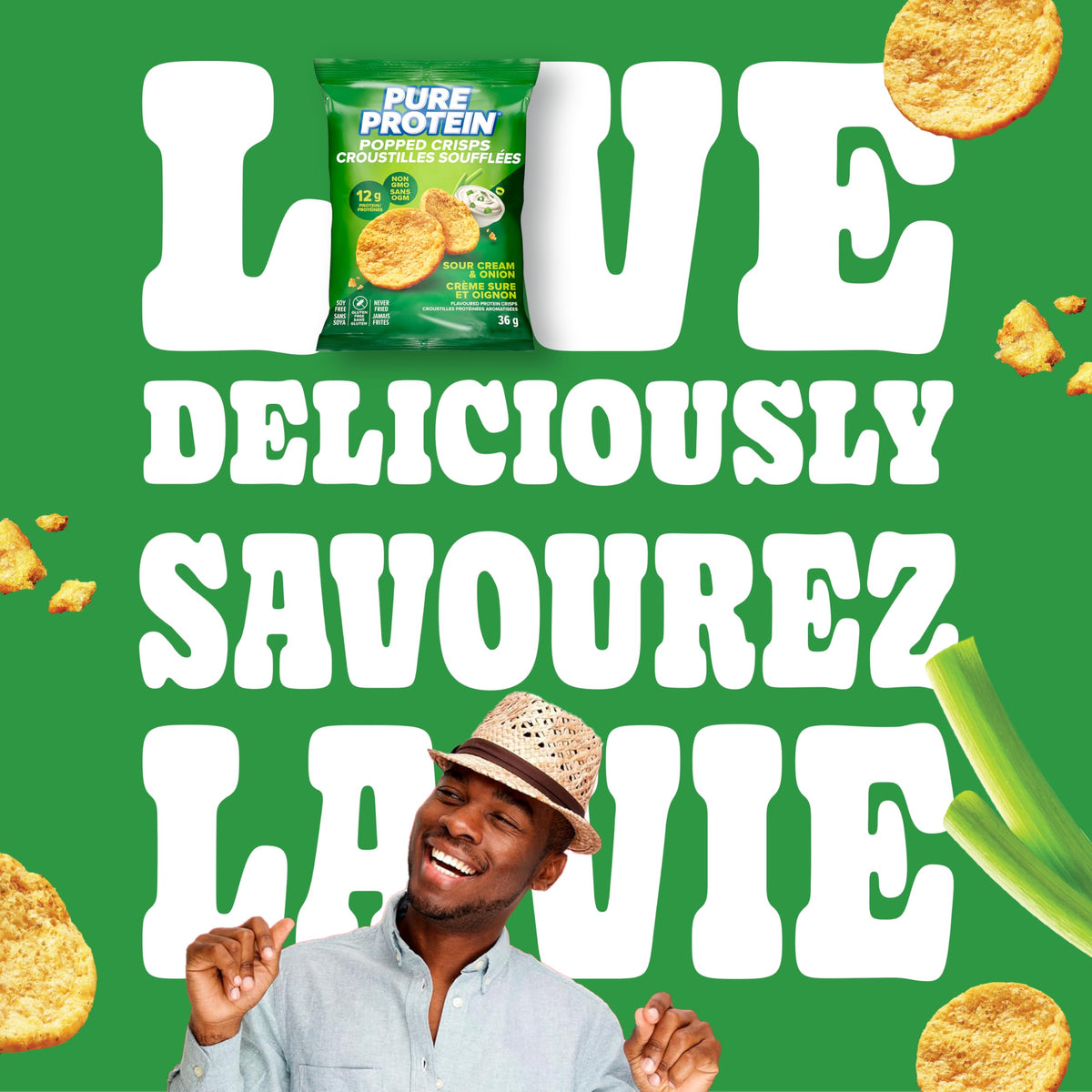 Pure Protein Popped Crisps, Sour Cream and Onion, High Protein Snack, 12 g Protein, 8 X 36 g bags