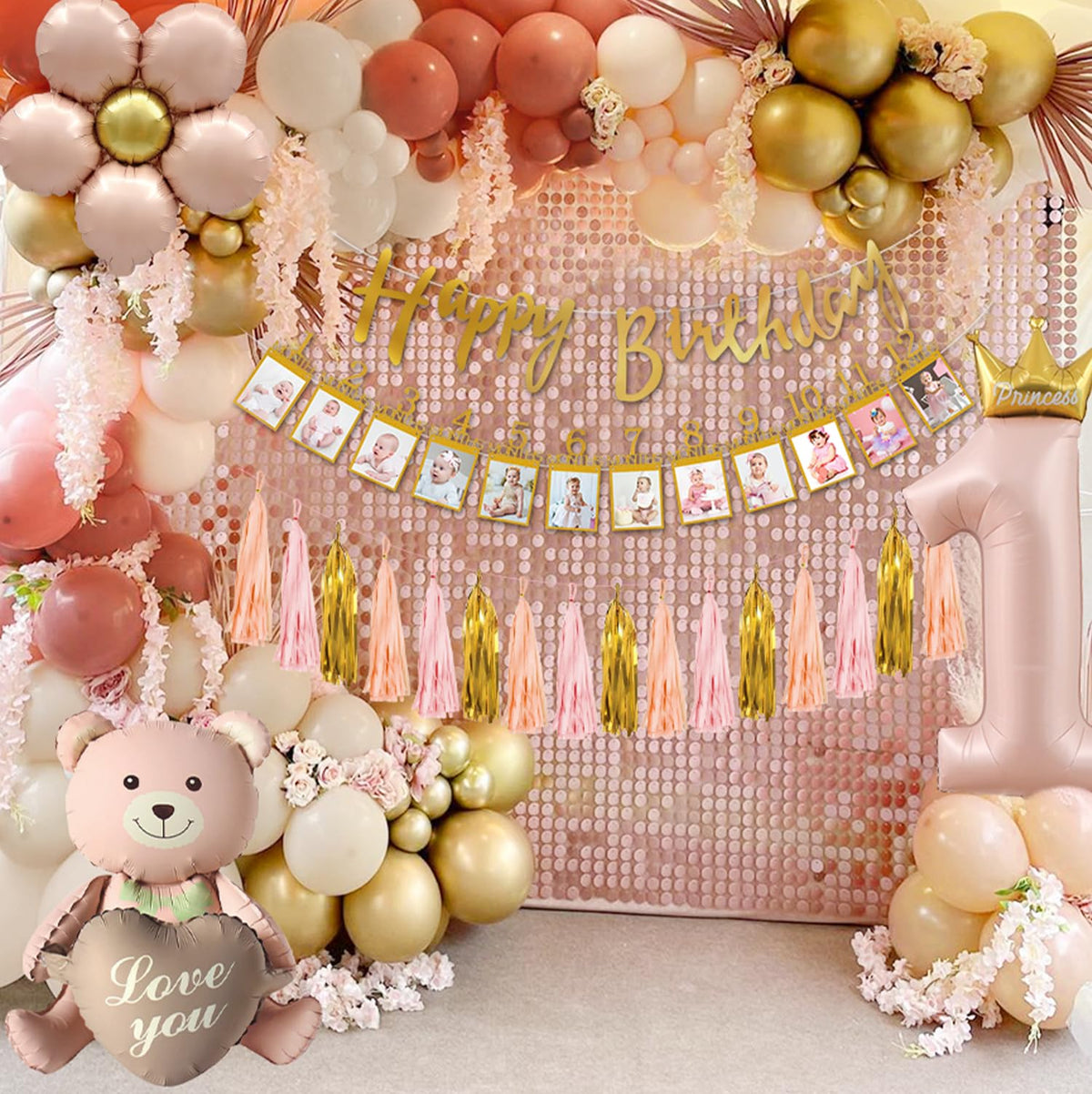 First Birthday Decorations for Girl, 1st Birthday Decorations Girl Happy Birthday Banner Cake Topper Bear Balloon Photo Banner Dusty Pink and Gold Balloons 1st Birthday Girl Decoration 🍁 All In One Marketplace Canada