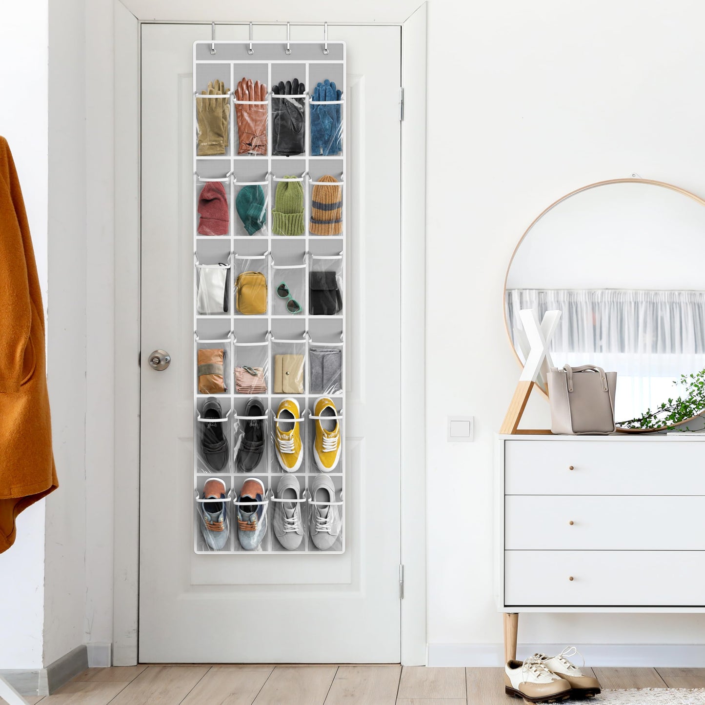 SimpleHouseware Crystal Clear Over The Door Hanging Shoe Organizer, 24 Pockets, Grey (162.6 cm H x 48.6 cm W) - Available at All In One Marketplace Canada