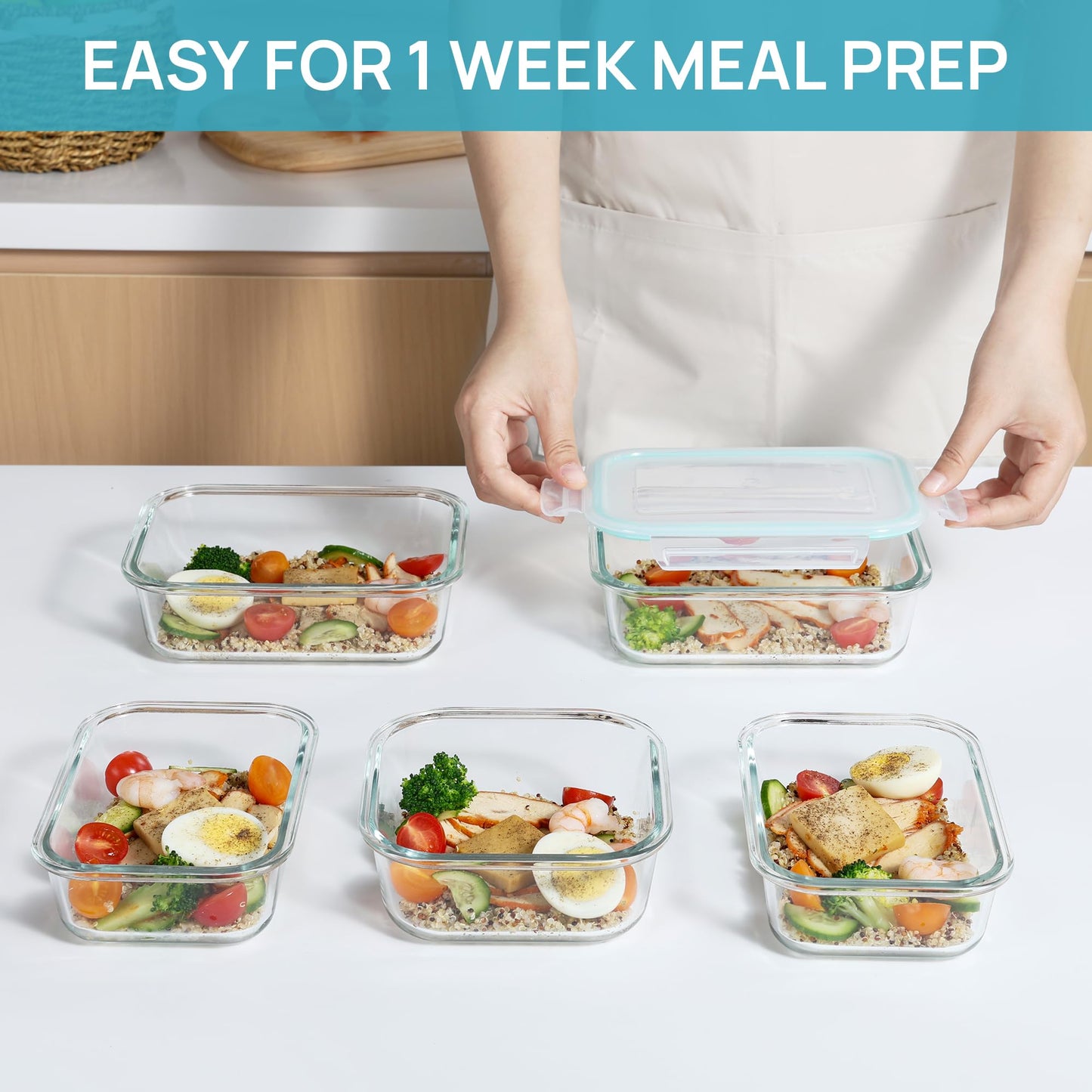 Vtopmart 8 Pack Glass Container Food Storage, Meal Prep Containers with Airtight Lids for Leftover, On-the-go, Safe for Microwave, Oven, Freezer and Dishwasher, Grey