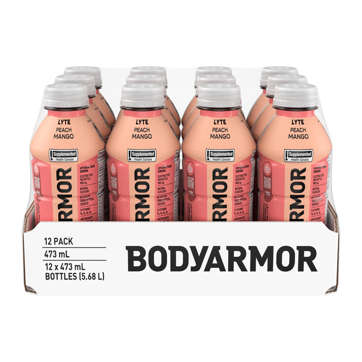 BODYARMOR Lyte Peach Mango, 473 mL Bottles (12 Pack) – Low-Calorie Sports Hydration Drink with Coconut Water, Potassium-Packed Electrolytes and Antioxidant Vitamins