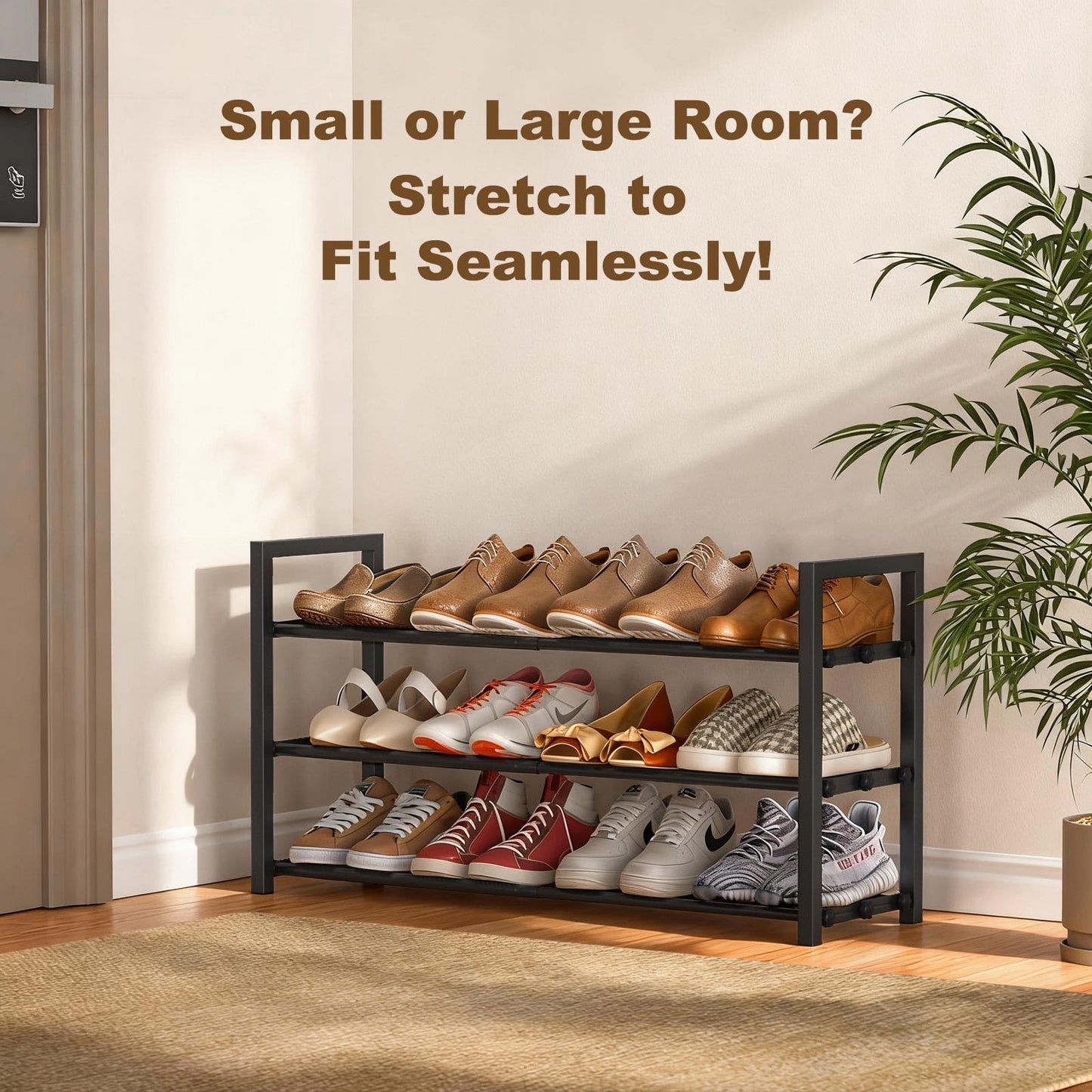 Roylvan 3-Tire Expandable Shoe Rack, 17"-31" Adjustable Stackable Free Standing Shoe Shelf Storage Fits 6-12 Pairs Shoes, Heavy Duty Reinforced Metal Shoes Organizer for Closet Entryway Doorway Dorm - Available at All In One Marketplace Canada