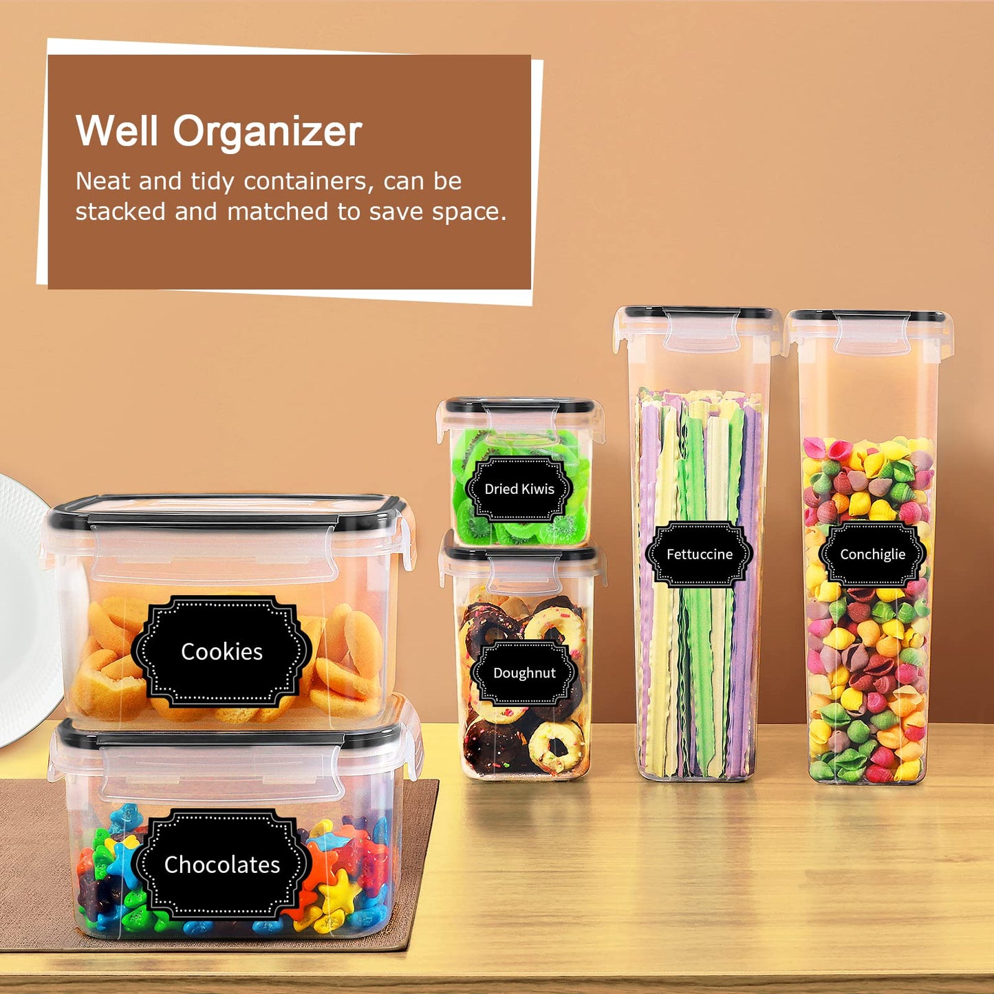 PRAKI Airtight Food Storage Container Set with Lids, 16 Pcs Plastic Dry Food Canisters for Kitchen Pantry Organizers and Storage, Ideal for Cereal, Flour & Sugar - Labels, Marker(Black) - Available at All In One Marketplace Canada
