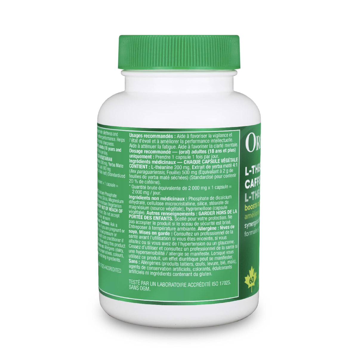 Organika Canadian-Made L-Theanine + Caffeine | Natural Yerba Mate Caffeine & L-Theanine Blend | Focus, Alertness & Calm Energy | 60 vegetarian capsules