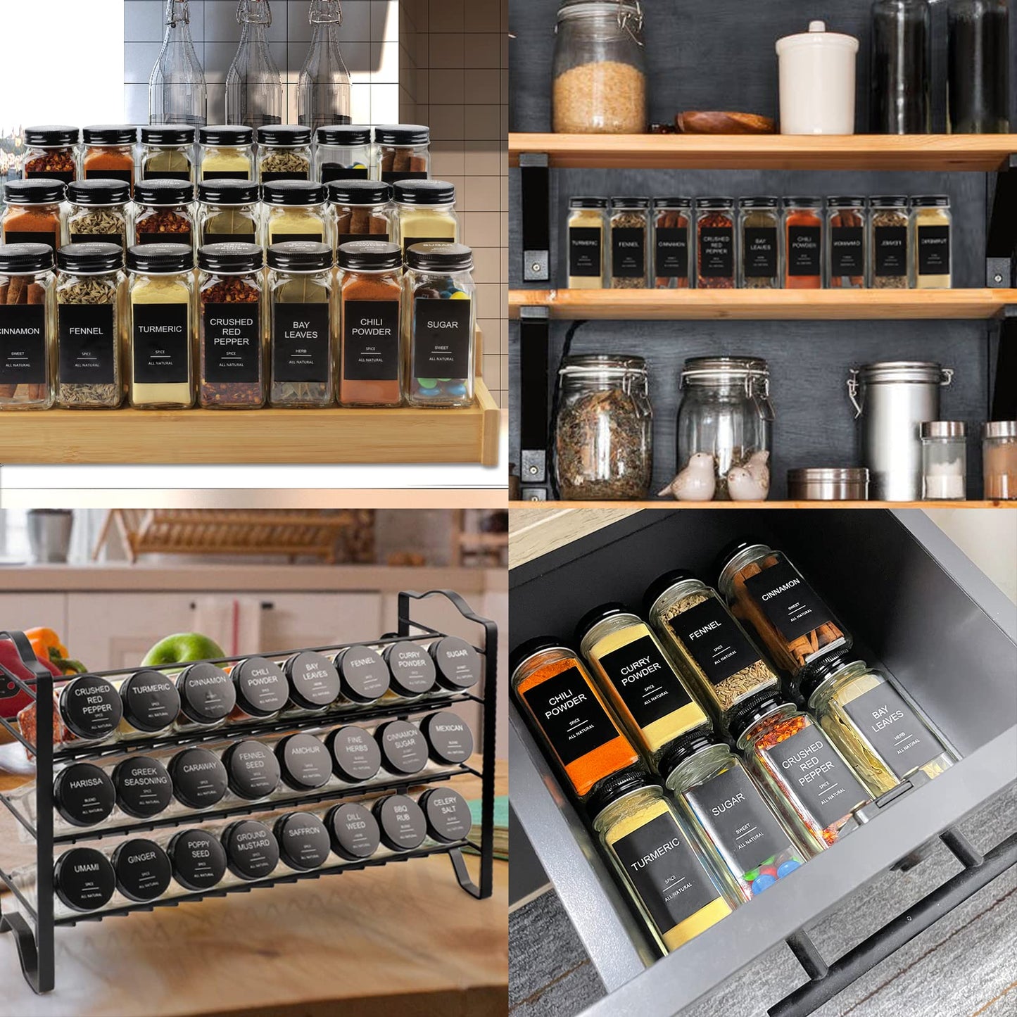 AISIPRIN 24 Pcs Glass Spice Jars with 398 Labels, 4oz Empty Square Containers Seasoning Bottles - Shaker Lids, Funnel, Brush and Marker Included(Black Metal Caps) - Available at All In One Marketplace Canada