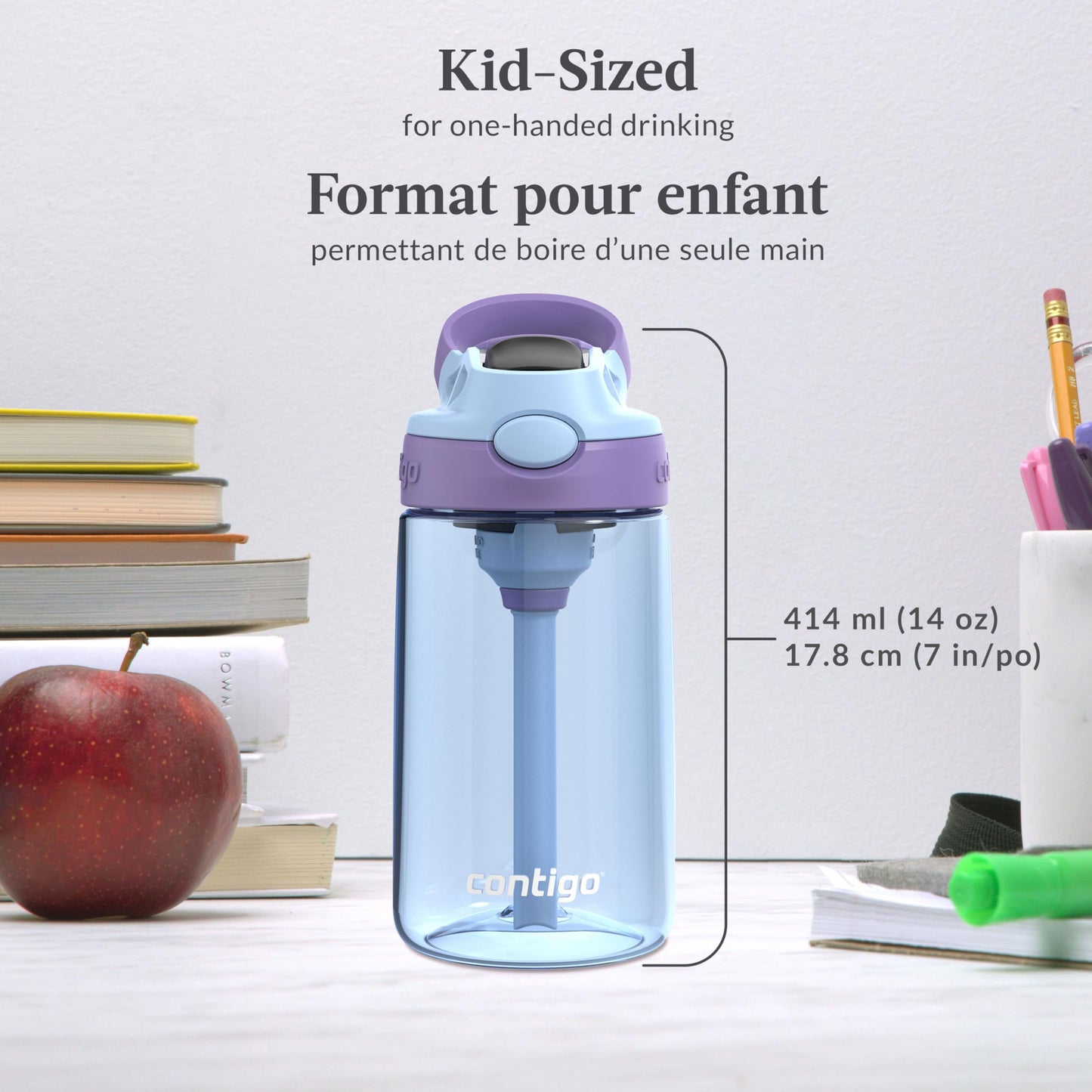 Contigo Kids Aubrey Straw Water Bottle with Leak-Proof Lid, BPA-Free Plastic, Dishwasher Safe, Periwinkle & Amethyst, 14 oz (414 mL)