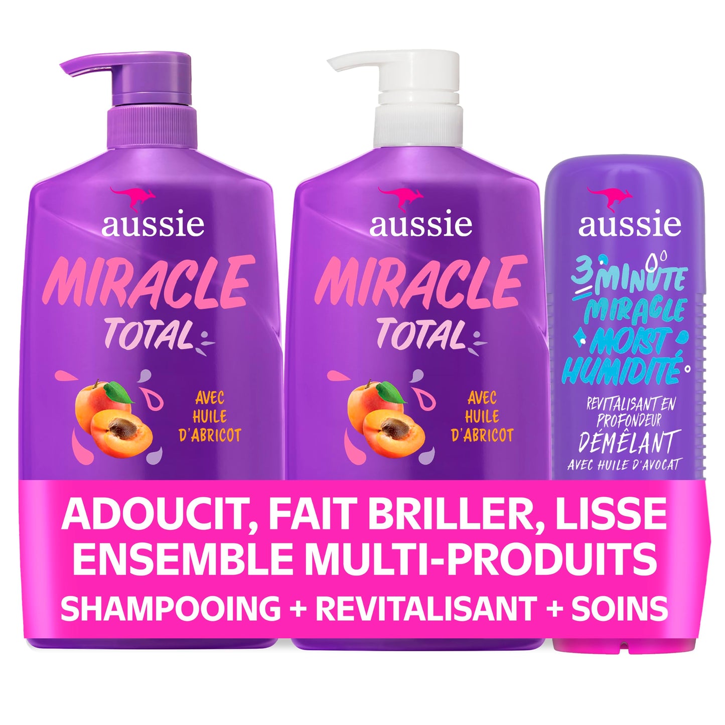 Aussie Total Miracle 3-Piece Set: Shampoo 778 mL, Conditioner 778 mL, 3 Minute Miracle Deep Conditioner Hair Treatment 236 mL, Infused with Apricot and Australian Macadamia Oil, 1.79 L Total - Available at All In One Marketplace Canada