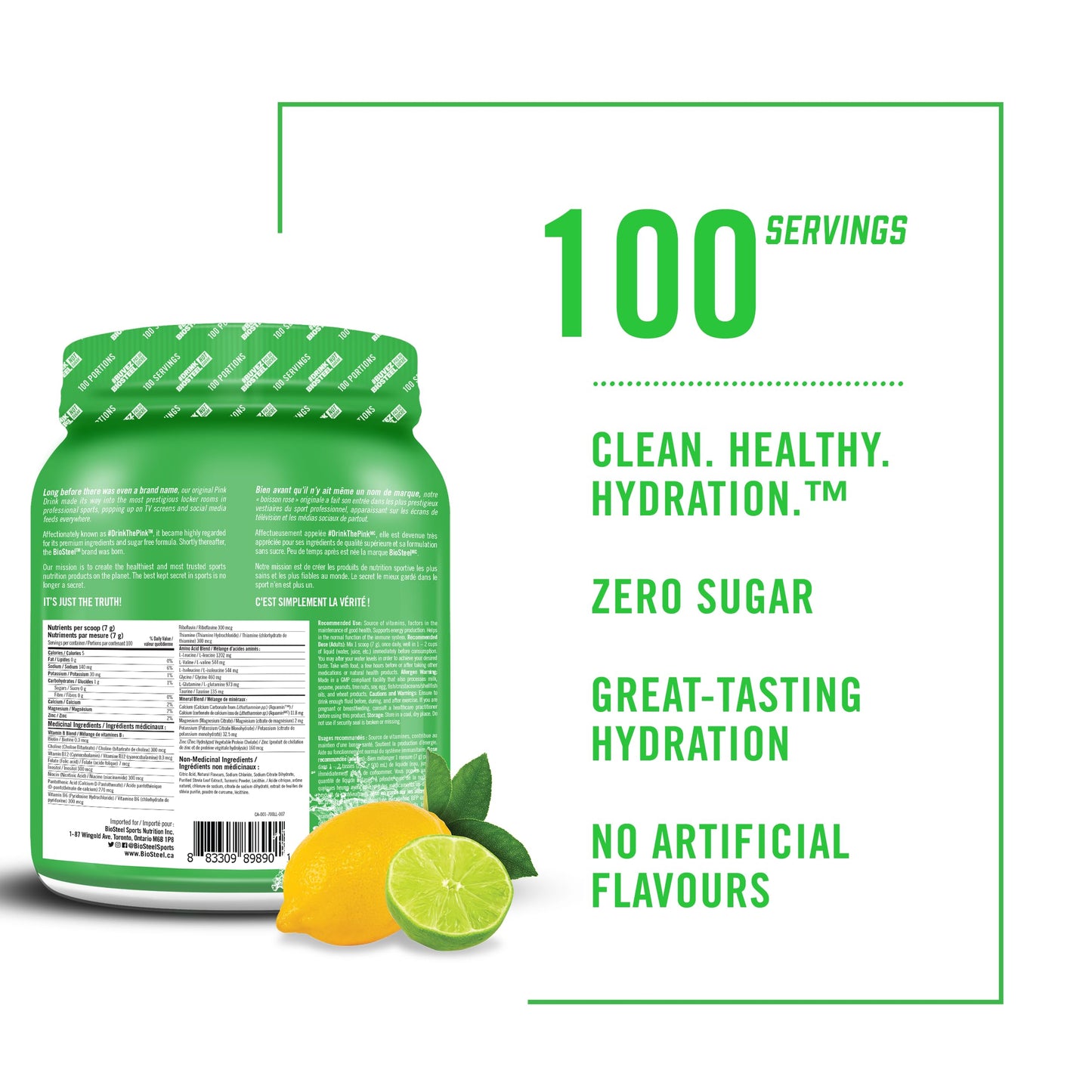 BioSteel Hydration Mix – Lemon Lime Flavor, Sugar-Free with Natural Stevia, 100 Servings
