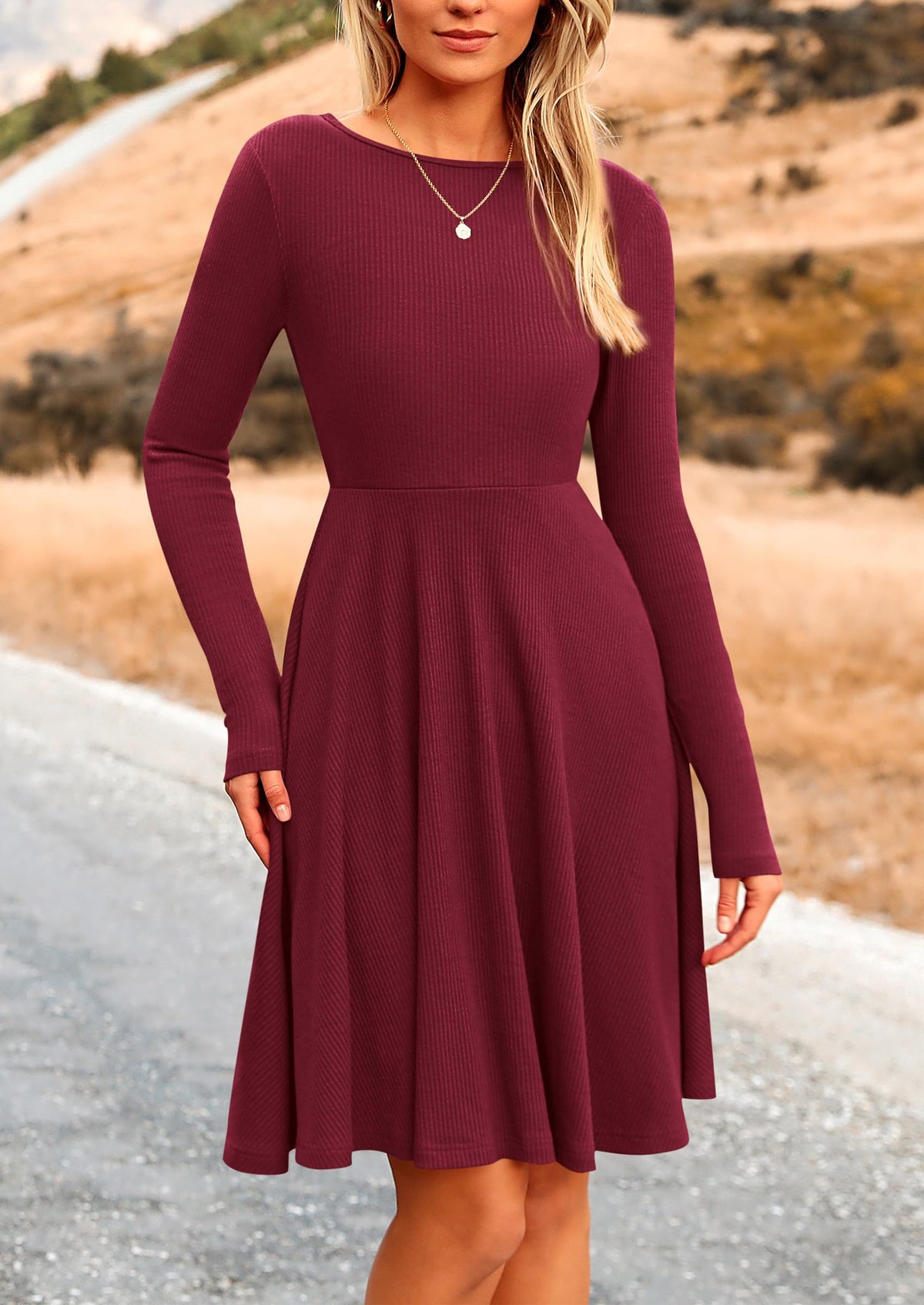 PRETTYGARDEN Women's Fall Casual Long Sleeve Short Dress Wine Red,L 🍁 All In One Marketplace Canada