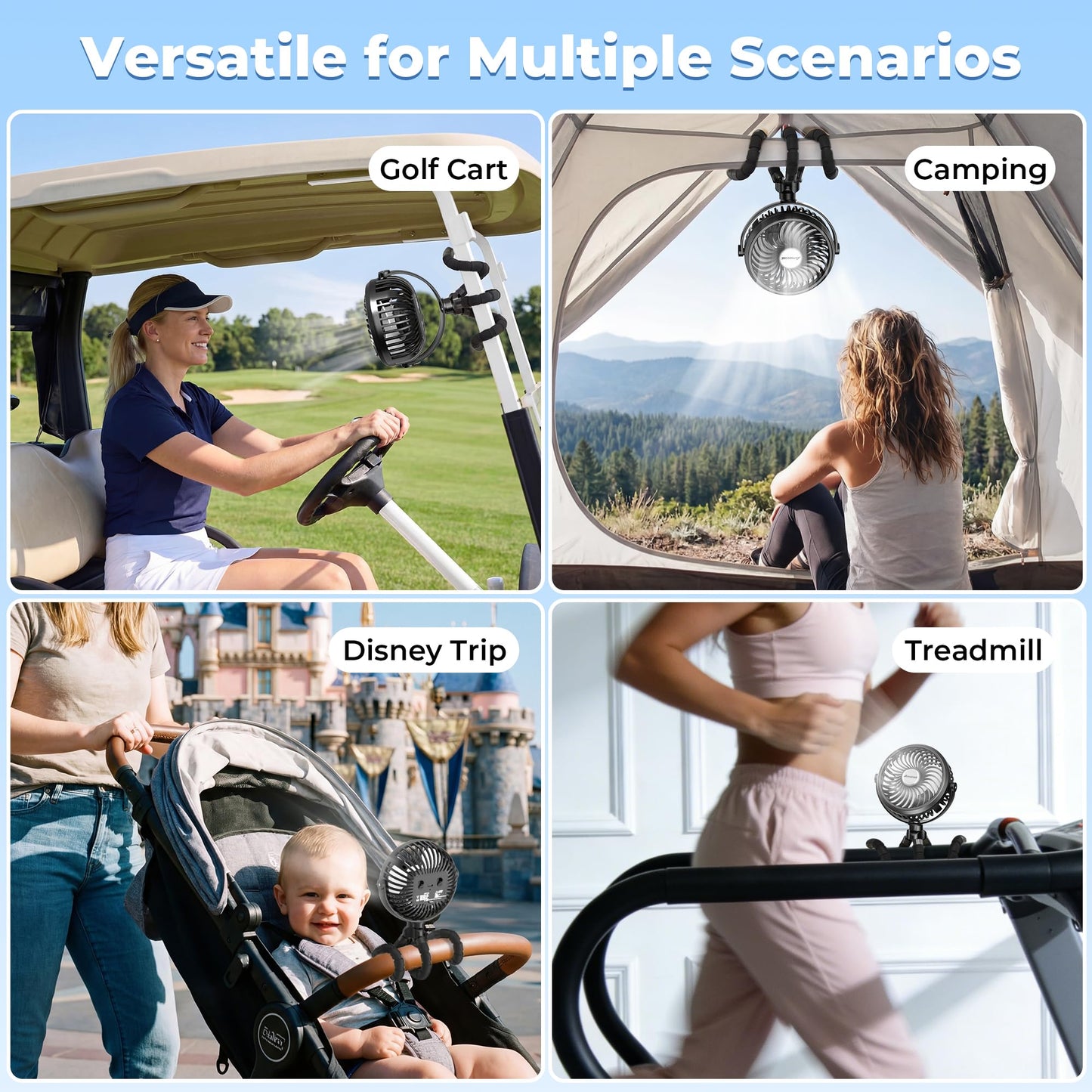 AMACOOL Battery Operated Stroller Fan Flexible Tripod Clip On Fan with 3 Speeds and Rotatable Handheld Personal Fans for Car Seat Crib Bike Treadmill