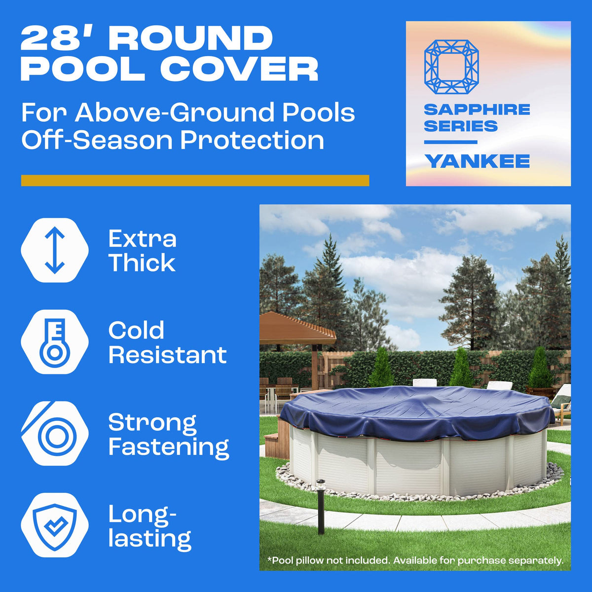 Winter Pool Cover 28 ft Round for Above Ground | Extra Thick & Durable Above-Ground Pool Cover | Sapphire Series of Premium Cold- and UV-Resistant Pool Cover | by Yankee Pool Pillow 🍁 All In One Marketplace Canada