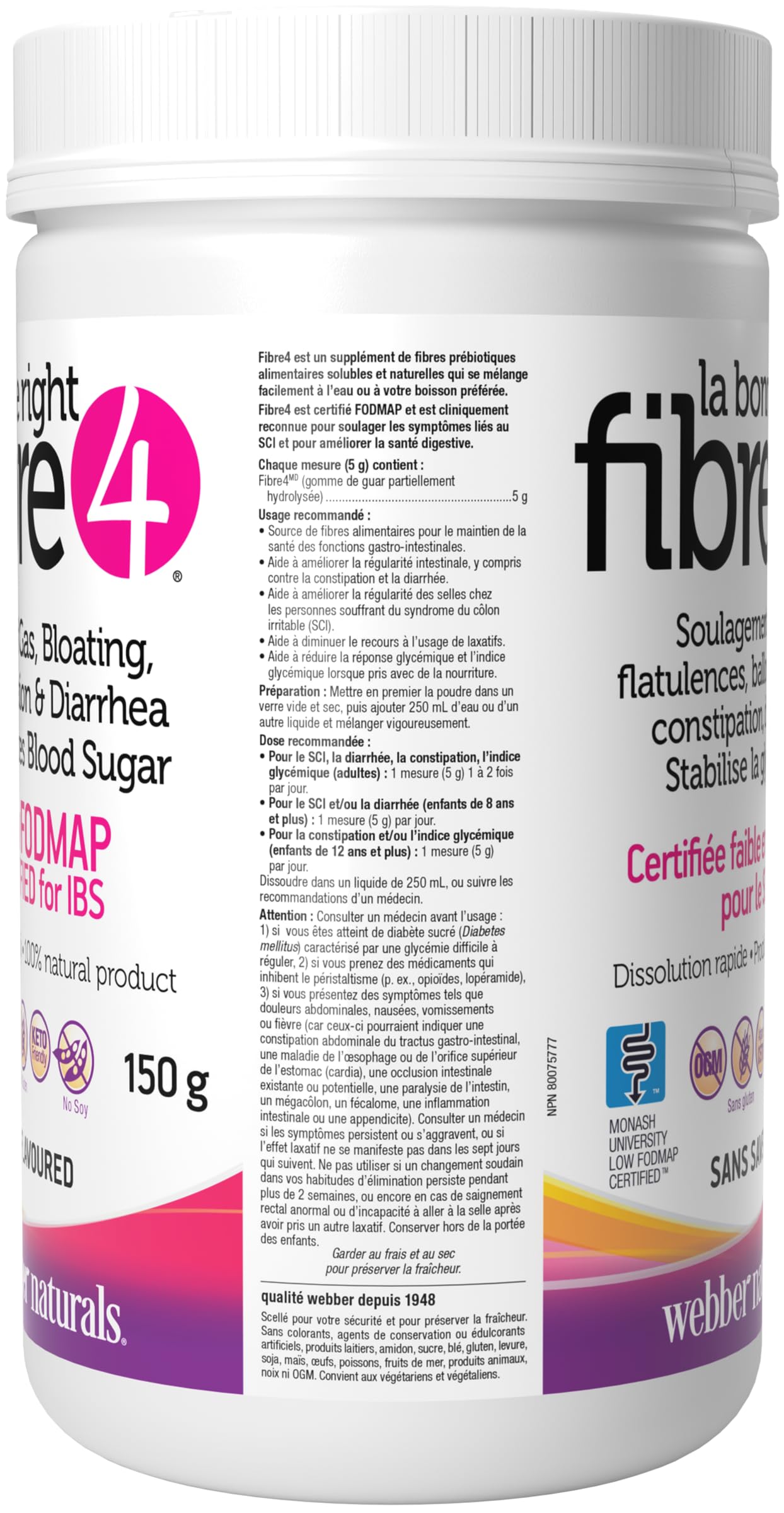 Webber Naturals The Right Fibre4 IBS Intestinal Discomfort 150 g, Unflavoured, 30 Servings, Fibre Supplement for Digestive Health, Low-FODMAP, Vegan