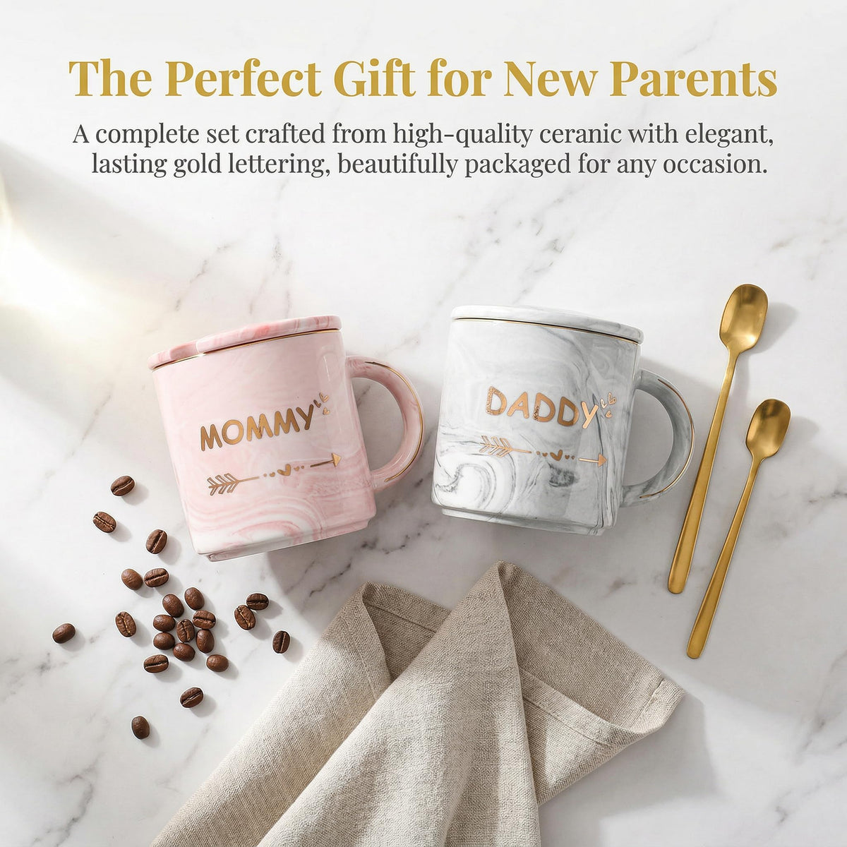 WUWEOT 2 Pack Dad and Mom Coffee Mug Set for Parents to be, New Mom and First Time Pregnancy Gifts for Christmas, Marble Ceramic Coffee Cup Set with Gift Box, Lid, Spoon (10OZ) 🍁 All In One Marketplace Canada