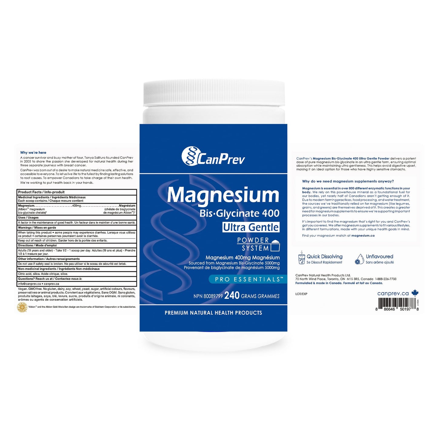CanPrev Magnesium Bisglycinate Ultra Gentle 240g Powder 48-Servings - 400mg of Pure Elemental Magnesium Per Scoop - Chelated Complex - Muscle Health, Calm, Relaxation, Bone Health and Cramp Relief - Available at All In One Marketplace Canada