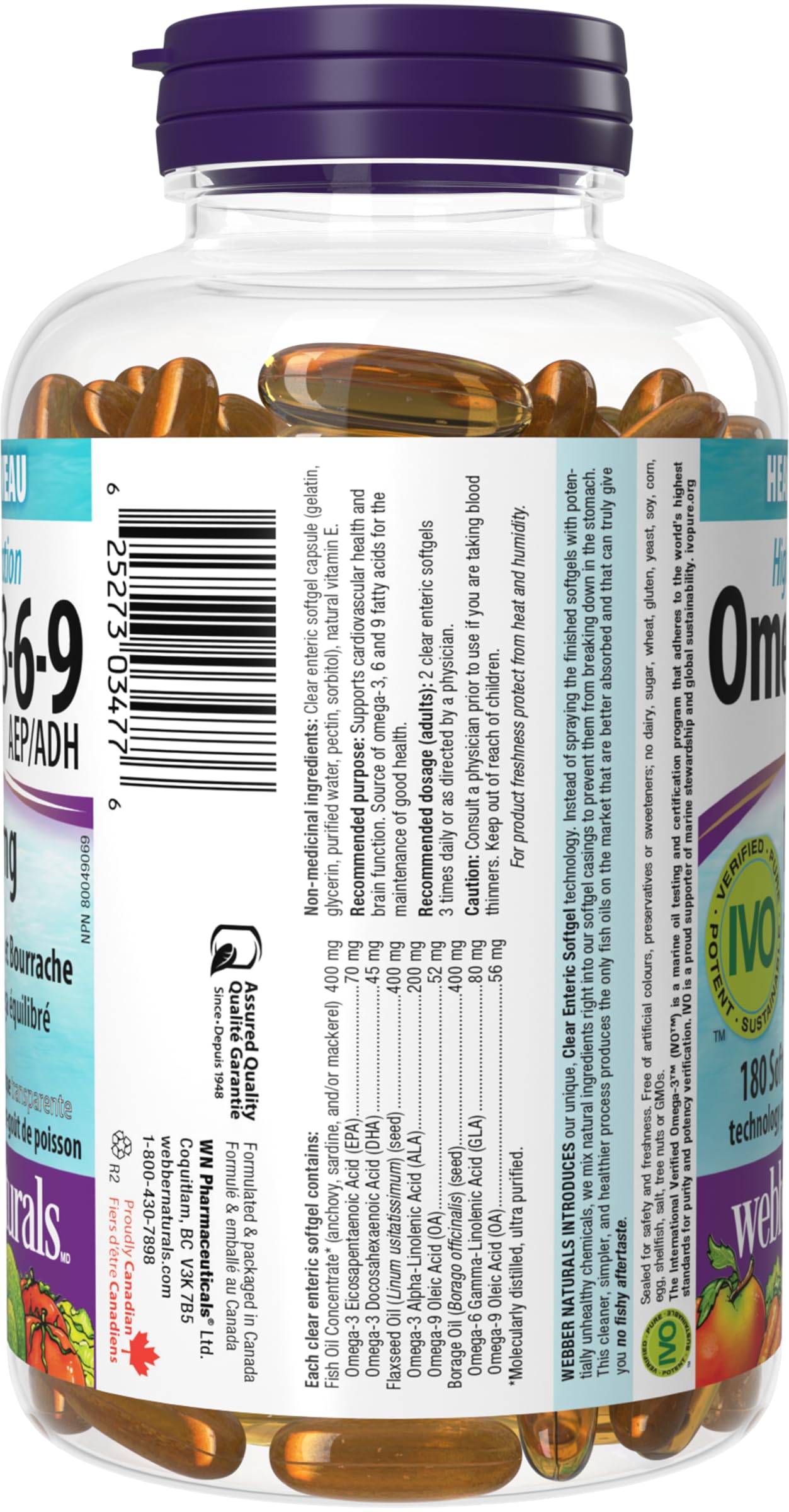 Webber Naturals Omega 3-6-9 1,200 mg Fish Oil, 180 Clear Enteric No Fishy Aftertaste Softgels, Supports Cardiovascular Health and Brain Function - Available at All In One Marketplace Canada