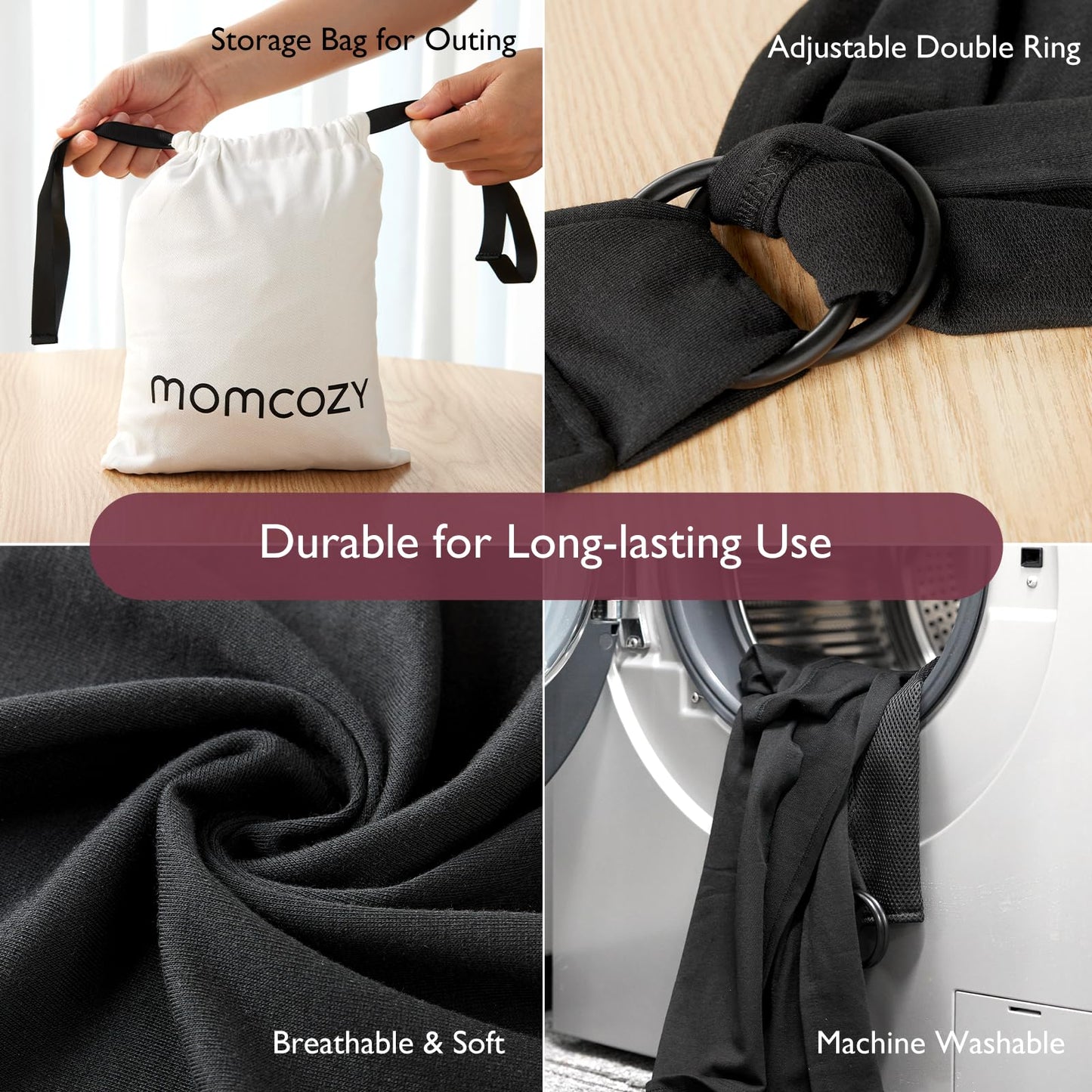 Momcozy Baby Wrap Carrier Slings, Infant Carrier Slings for Newborn up to 50 lbs, Baby Wrap Adjustable for Adult Fits Sizes XXS-XXL, Easy to Wear Baby Carriers, Ergonomic Front Facing/Back, Black