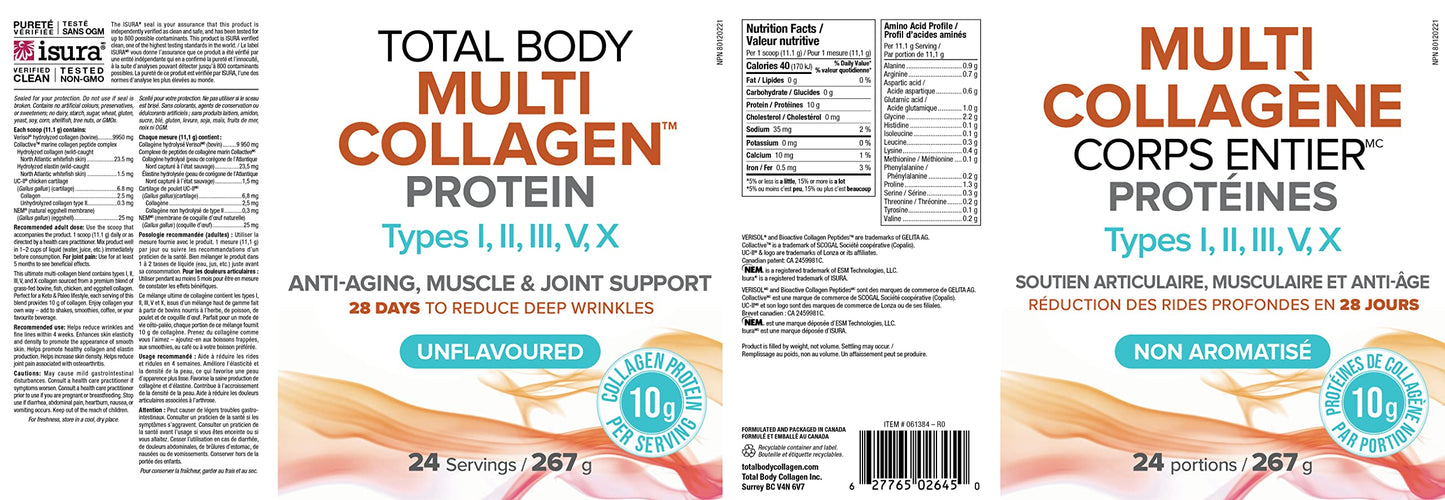 Natural Factors Total Body Multi Collagen Protein, 267g, Unflavoured, 10g of Hydrolyzed Collagen per Scoop, 24 Servings, Combines 5 Types of Collagen, Anti-Aging, Muscle & Joint Support, 28 Days to Reduce Wrinkles, Keto & Paleo Friendly, Proudly Canadian - Available at All In One Marketplace Canada