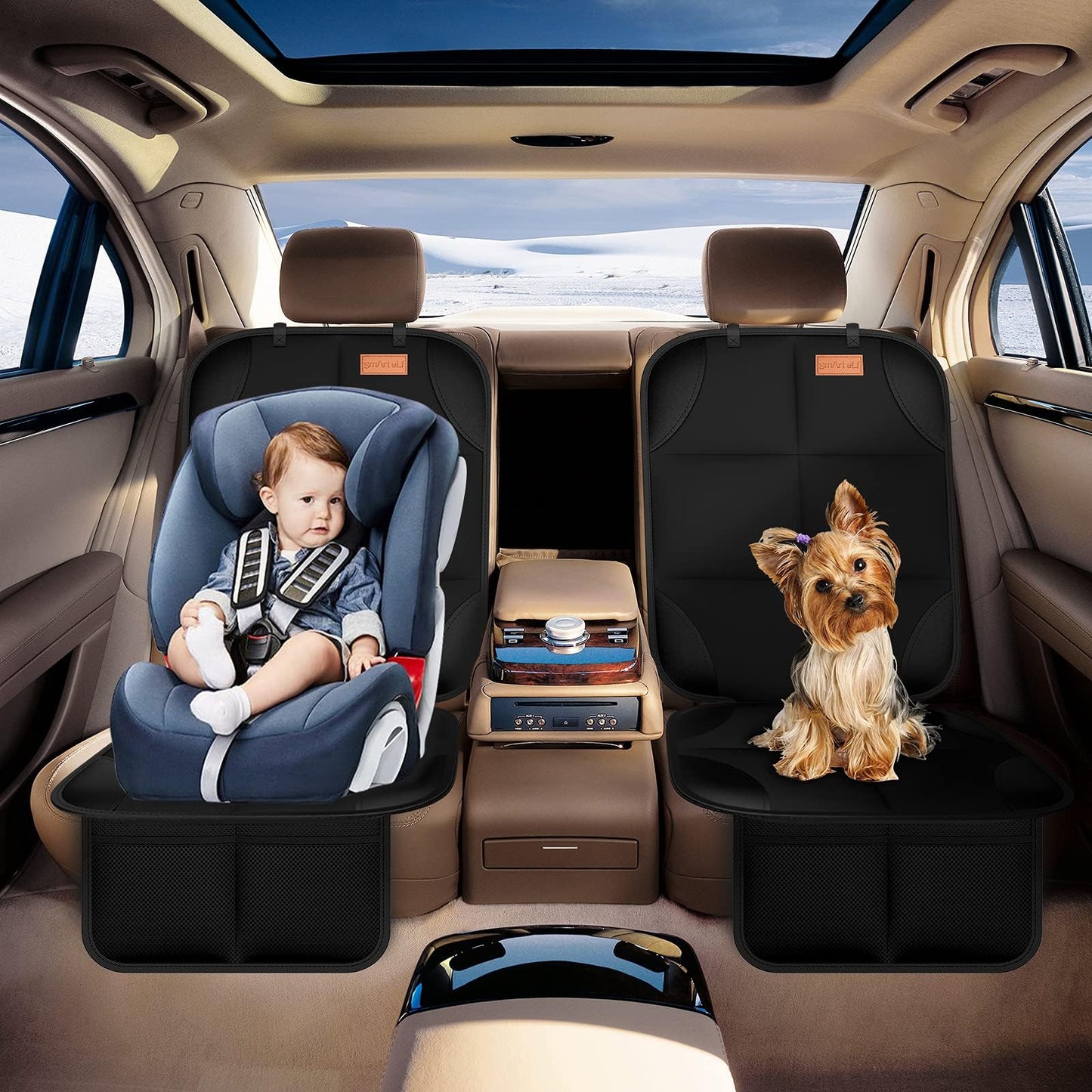 Smart eLf Car Seat Protector, 2Pack car seat Protector for Baby carseat with Thickest Padding, Non Slip Backing Mesh Pockets for Baby, Pet
