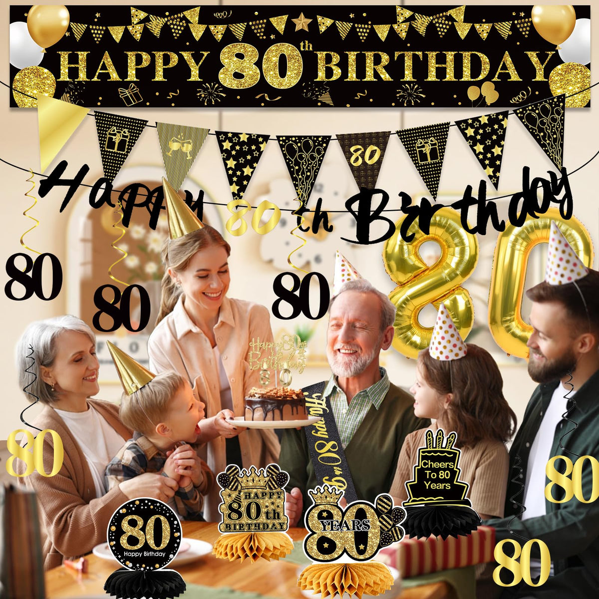 80th Birthday Decorations for Men, Black Gold 80th Party Decoration Set 🍁 All In One Marketplace Canada