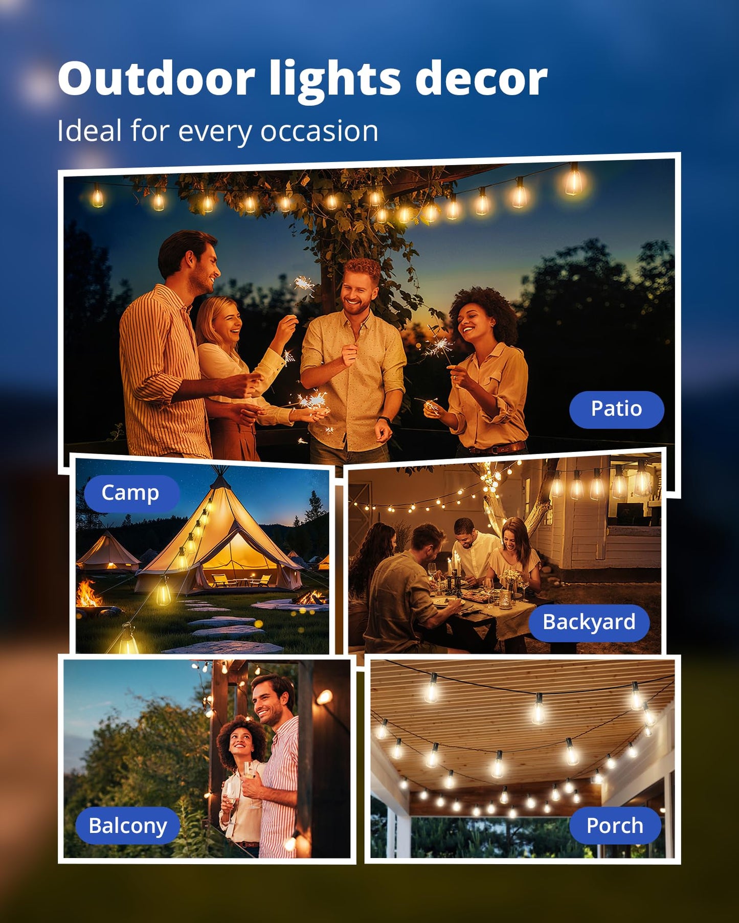 VIPAR Outdoor String Lights 60FT LED Patio Lights Waterproof with 28 Shatterproof ST38 Edison Bulbs Outside Hanging Light Dimmable Connectable for Porch, Deck, Garden, Backyard, Balcony, Decor, 2700K - Available at All In One Marketplace Canada