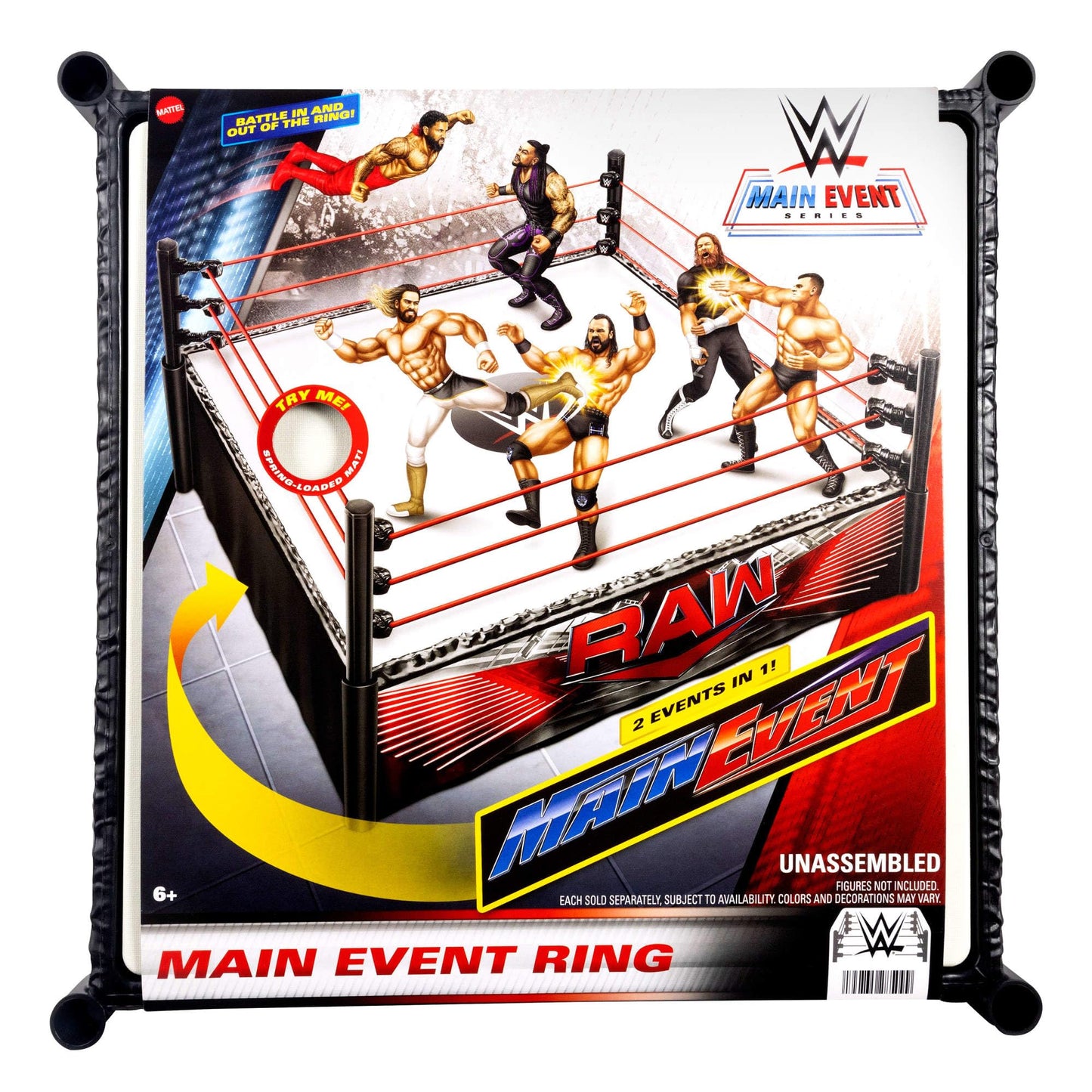 Mattel WWE Superstar Ring with Labels for Main Event & RAW, Spring-Loaded Ring Mat & Pro Tension Elastic Ropes Mattel