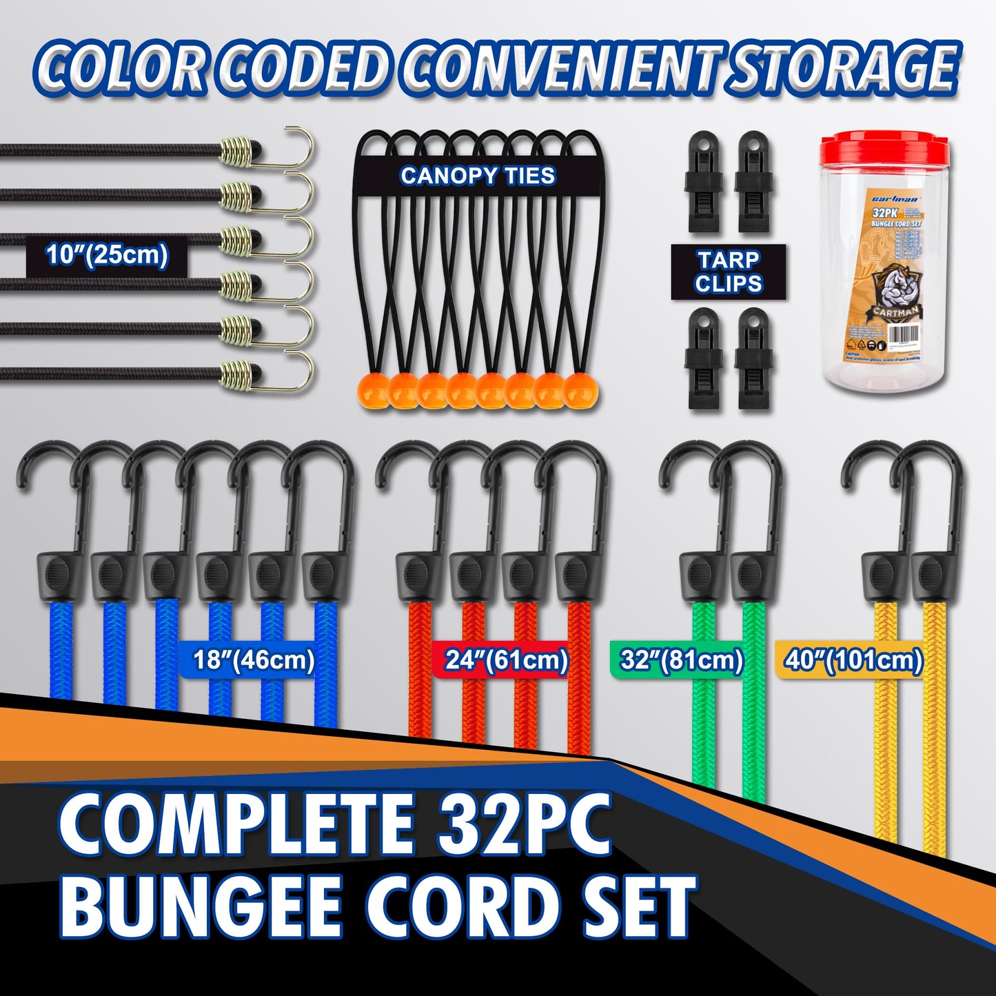 Cartman 32 Piece Bungee Cords Assortment Jar Includes 10" 18" 24" 32" 40" Bungee Cord with Hooks, 8" Canopy Tarp Ball Ties and Tarp Clips - Available at All In One Marketplace Canada