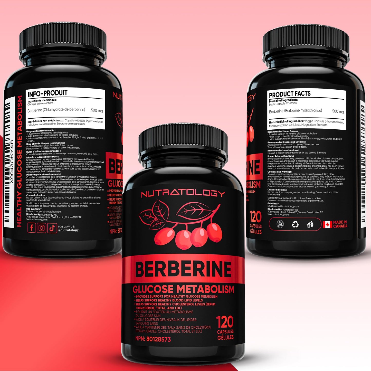 Nutratology® Berberine Supplement | Canadian-Made | Max Potency 500MG Per Capsule - Supports Glucose Metabolism & Healthy Blood Sugar Levels Through Efficient Metabolism Of Sugar & Fats - 120 Capsules - Available at All In One Marketplace Canada