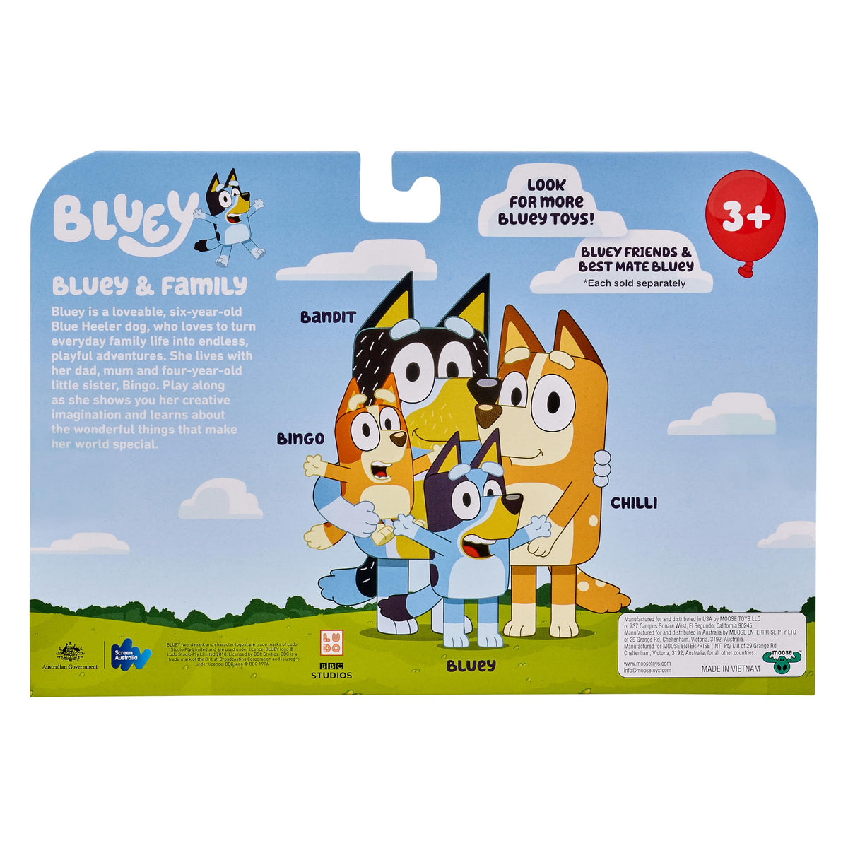 Bluey Family Figure Pack of 4, Robust Poseable Character Toys with Bingo, Chilli, and Bandit Figures, Toddler-Sized Animal Figurines for Kids Ages 3+