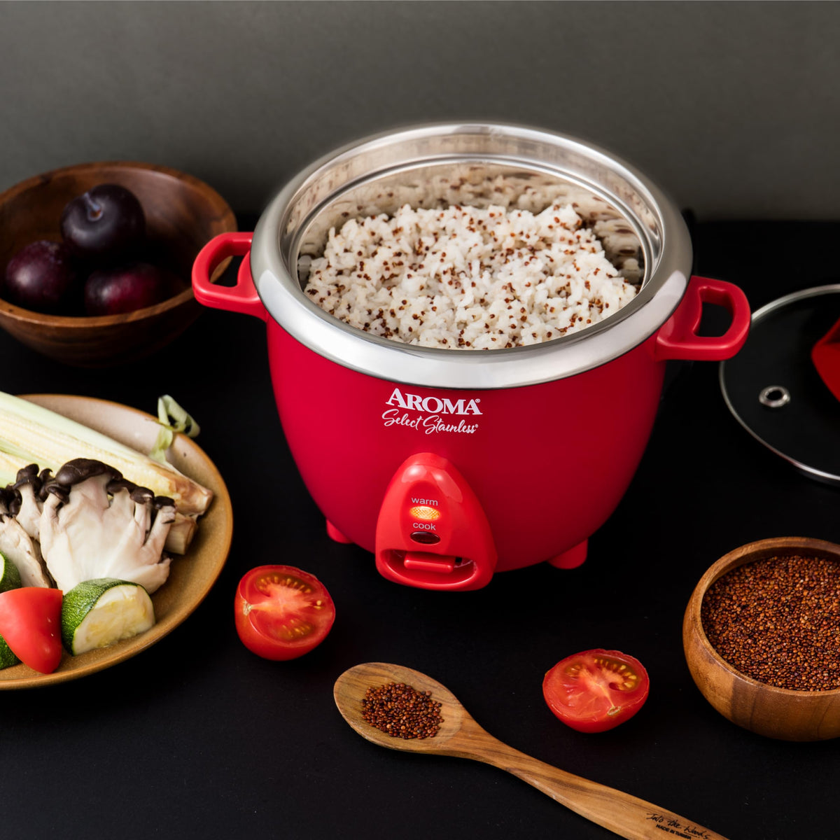 Aroma Housewares Select Stainless Rice Cooker & Warmer with Uncoated Inner Pot, 6-Cup(cooked)/ 1.2Qt, ARC-753SGR, Red