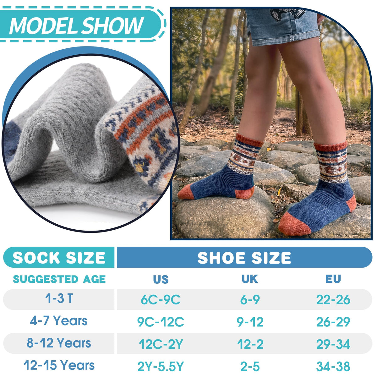 Kids Merino Wool Hiking Socks Boys Toddlers Thermal Winter Thick Warm Crew Cushion Socks Gift Stocking Stuffers for Kids 6 Pairs 4 5 6 7 8 9 10 11 12 Years(Vintage,1-3 Y) 🍁 All In One Marketplace Canada