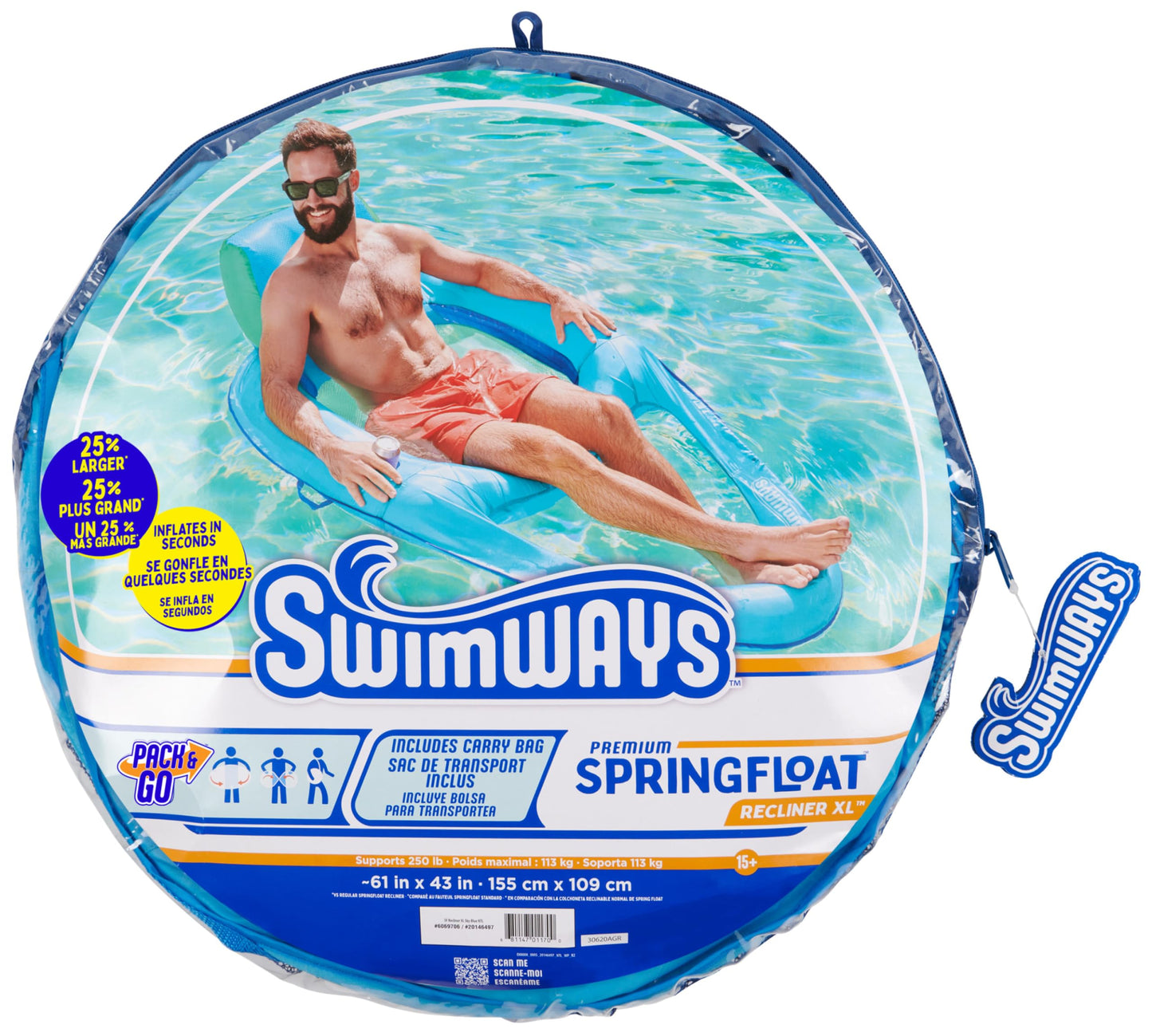 SwimWays Spring Float Premium XL Recliner Chair, Inflatable Pool Floats Adult with Fast Inflation, 25% Larger Than Recliner, Supports Up to 300 lbs