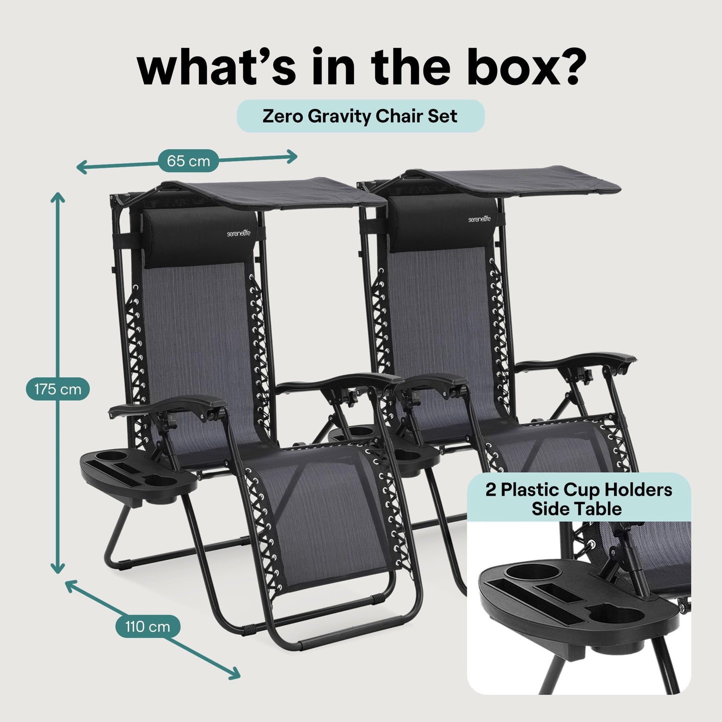 SereneLife Zero Gravity Reclining Chairs Set of 2 – Adjustable Folding Patio & Beach Lounge Chairs with Cup Holder Tray, Removable Padded Headrest, Weather-Resistant SereneLife