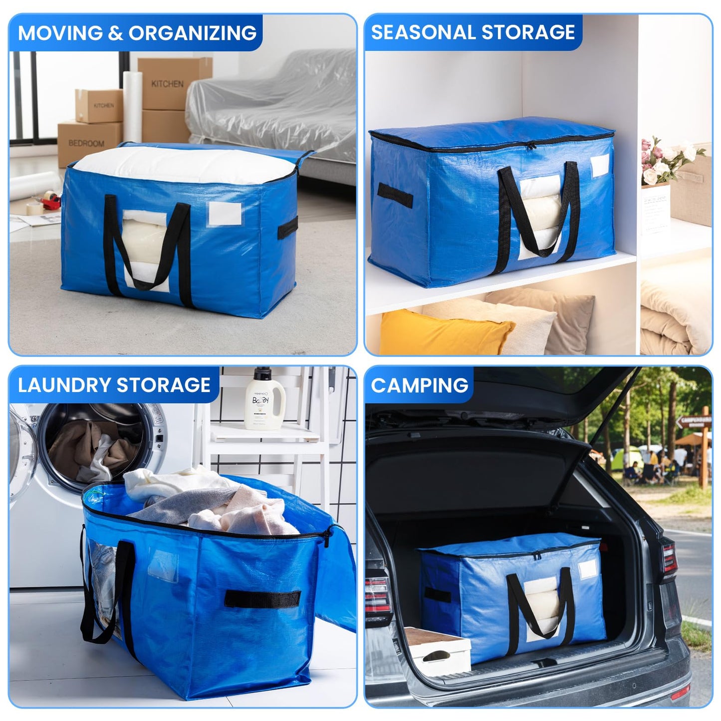 TAILI Extra Large Moving Bags, Heavy Duty Totes for Storage with Visible Window, U-Shaped Around Handles, Storage Contrainer Box for Space Saving, Blue, 4 Pack - Available at All In One Marketplace Canada